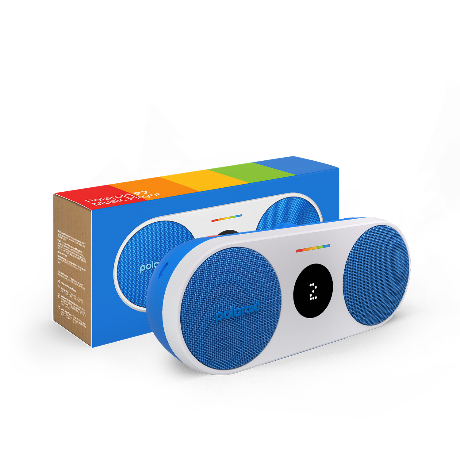 Polaroid müzik çalar. Beyaz ön yüzü olan mavi hoparlör ve Polaroid logolu bir kutu.