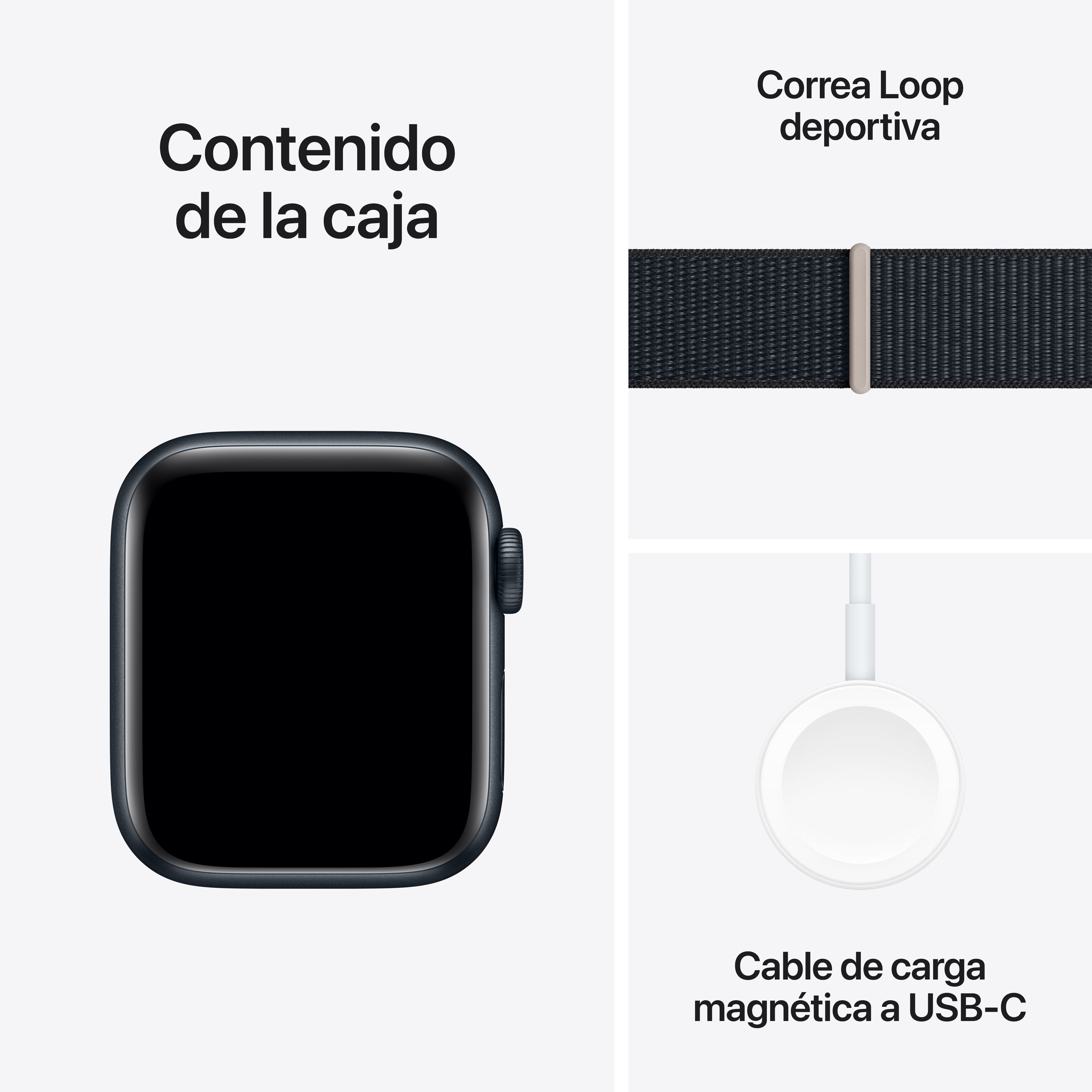Contenido del Apple Watch: Reloj, correa y cargador sobre blanco. Etiquetas de texto.