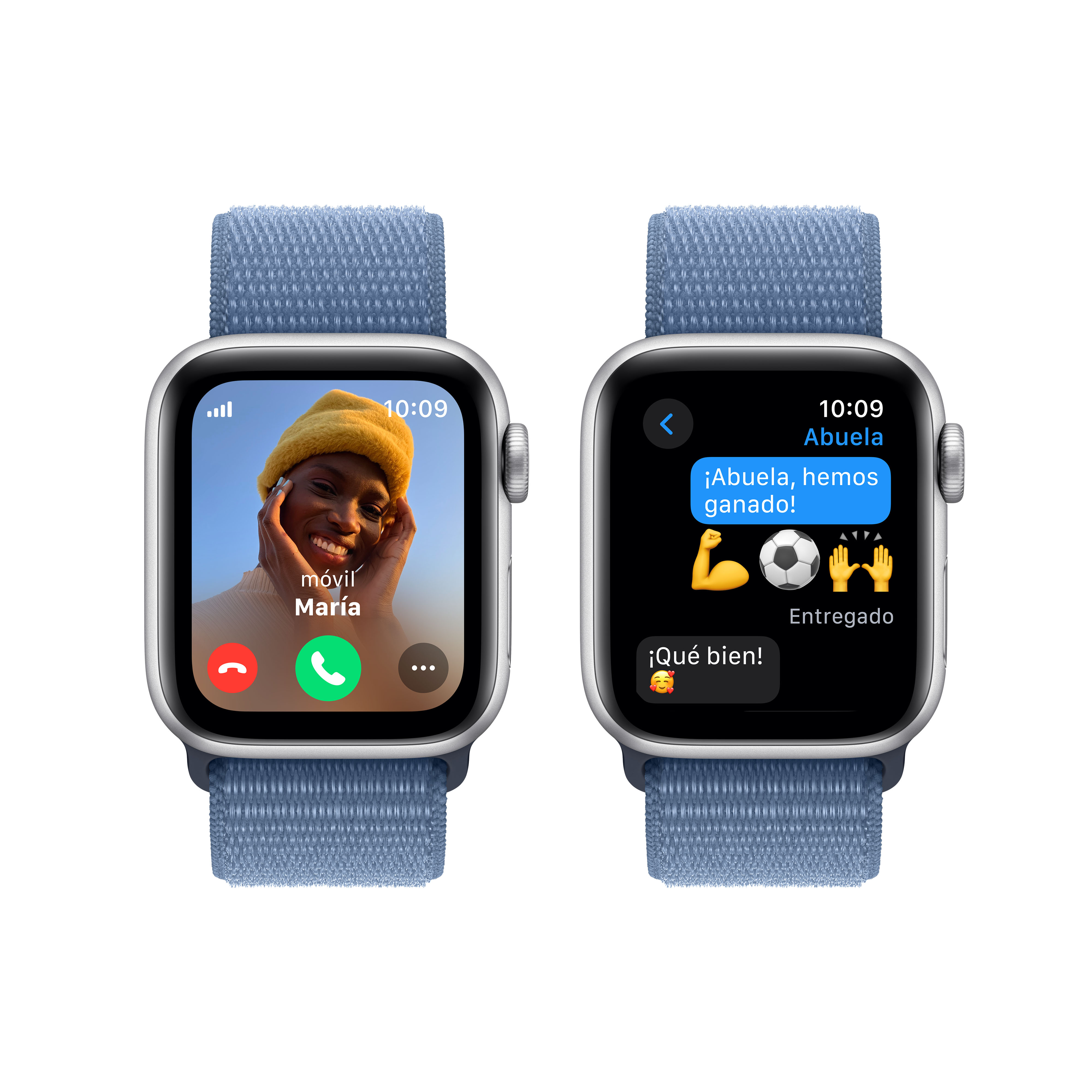 Dos smartwatches mostrando llamadas y mensajes en una correa de tela azul, con fondo blanco.