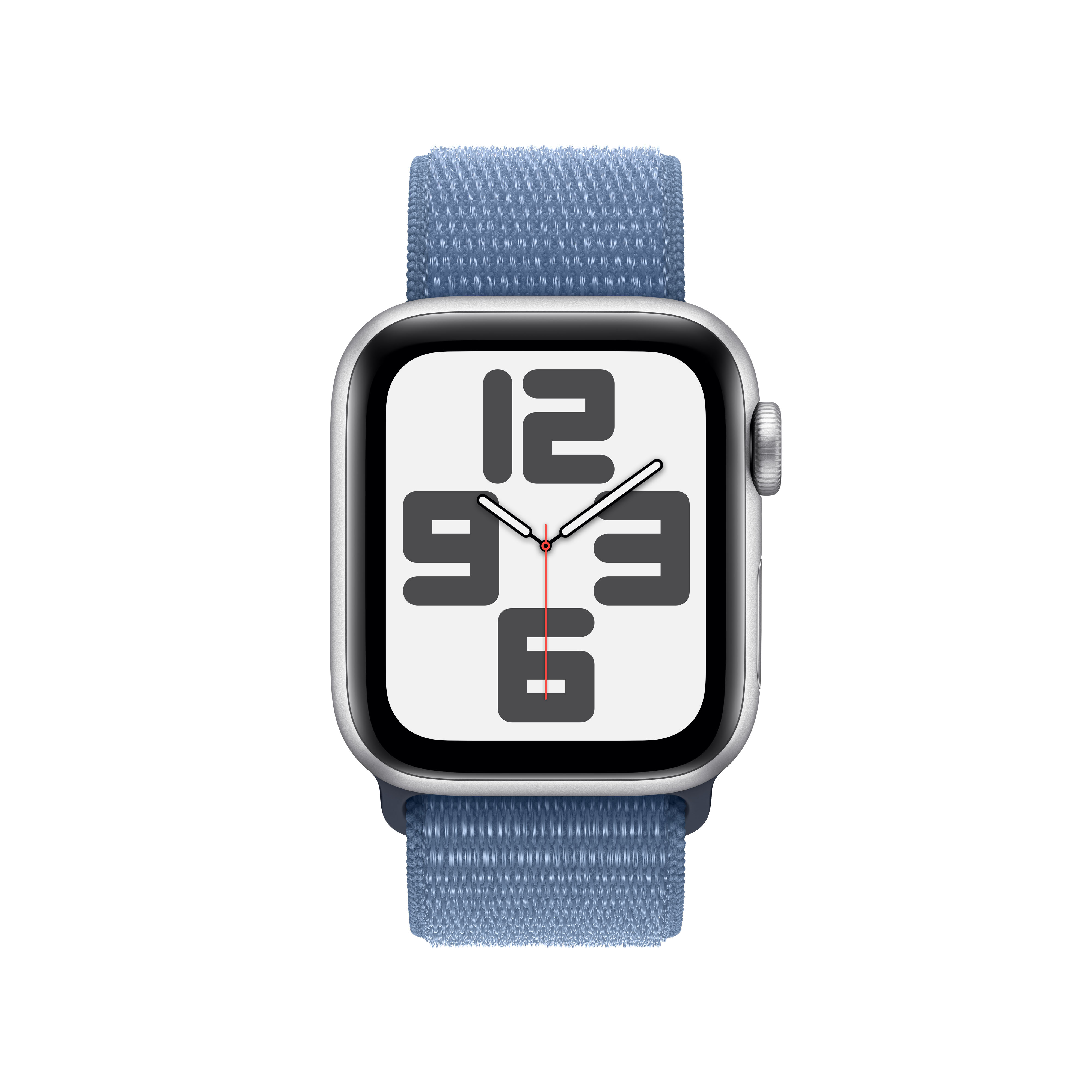 Apple Watch con correa azul claro y la hora 12:03 en pantalla blanca.