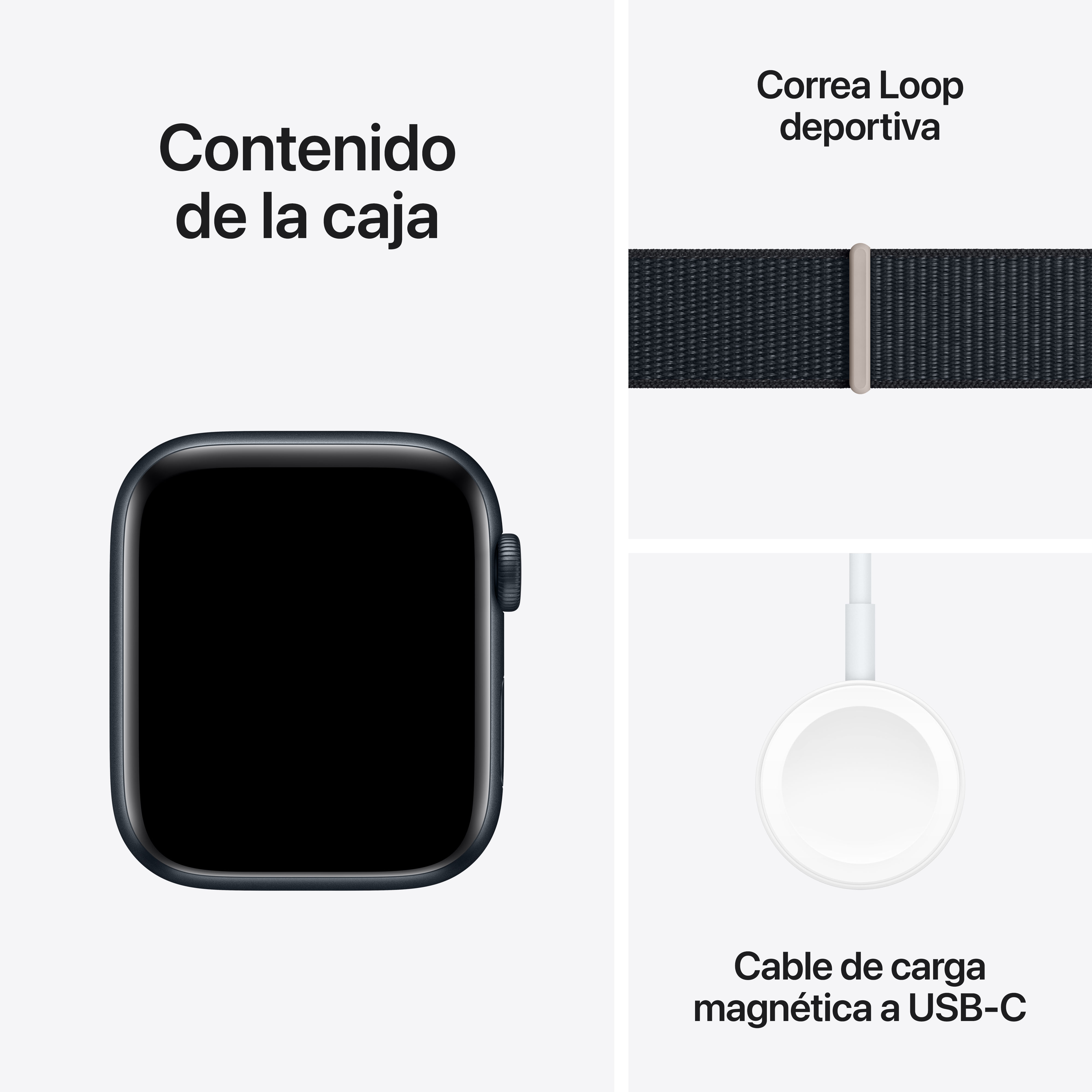 Apple Watch, correa deportiva y cable de carga. La esfera es negra, fondo blanco.