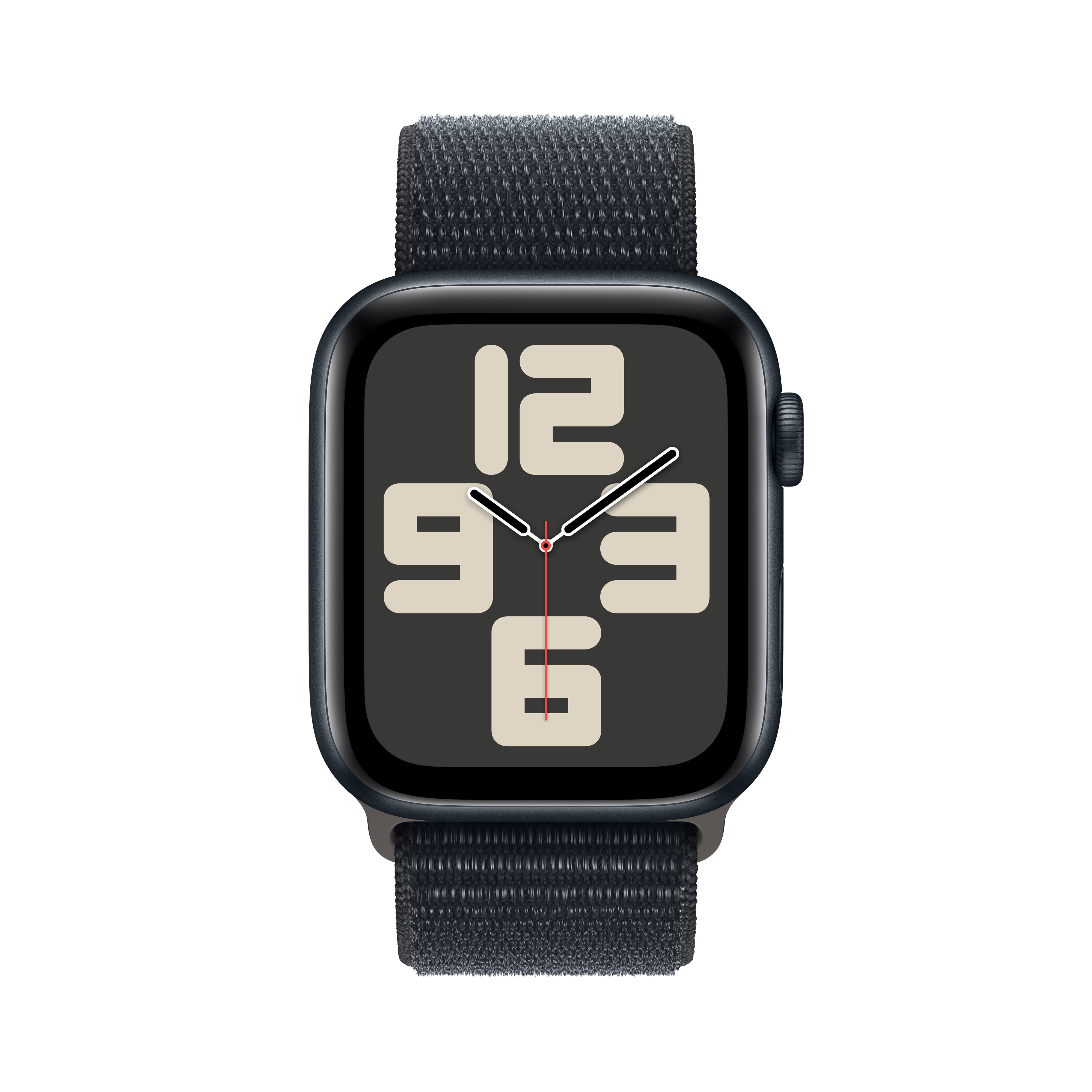 Apple Watch con correa azul oscuro, mostrando una esfera de reloj digital grande.