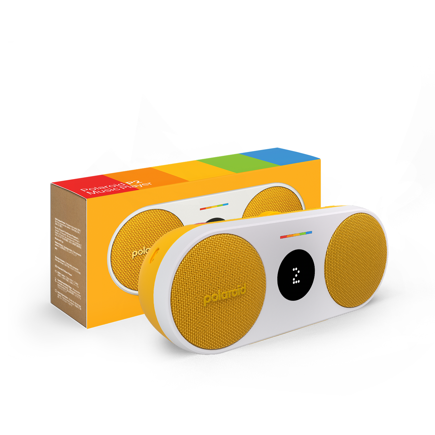 Arkada kutusu olan Polaroid müzik çalar. Sarı ve beyaz renk.
