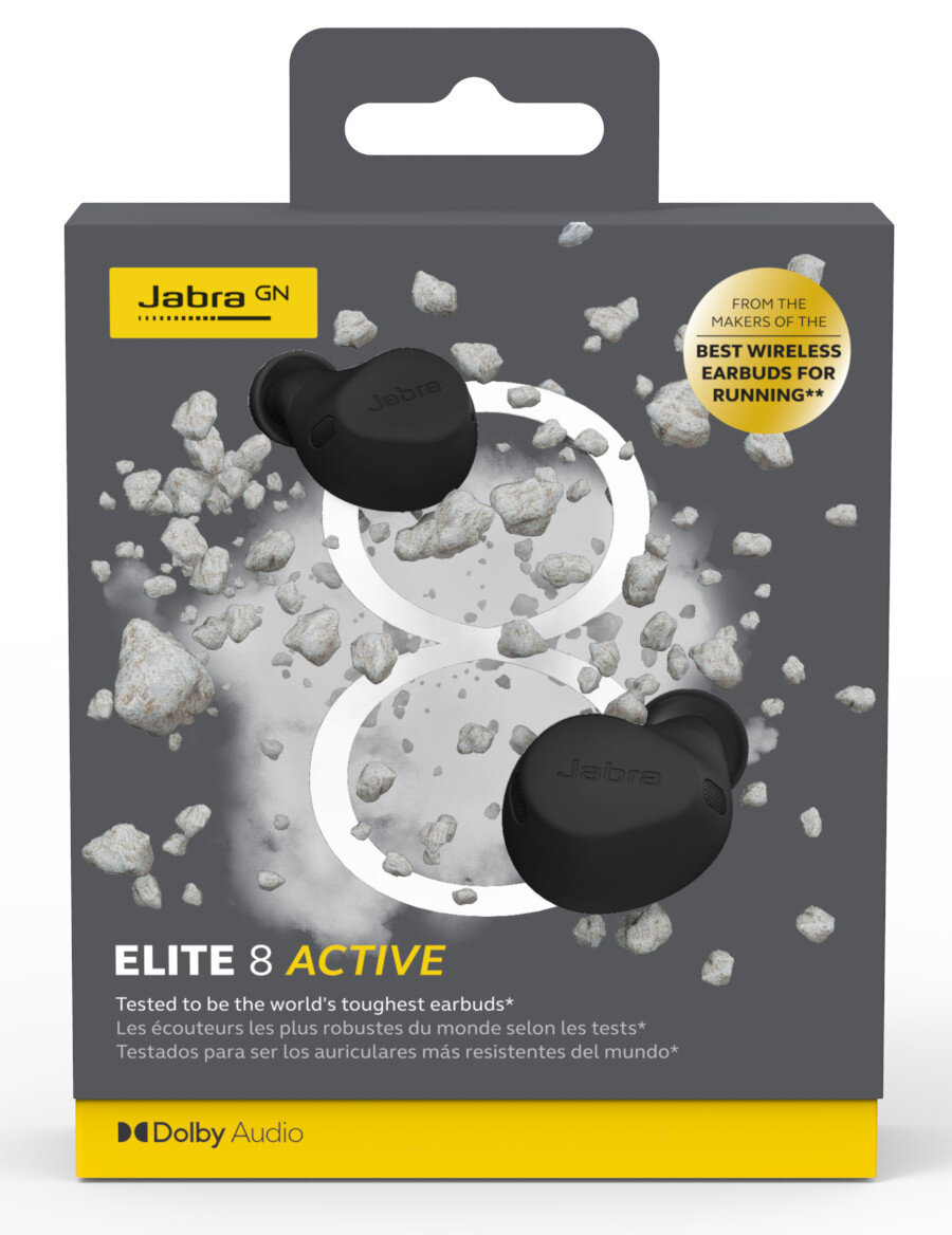 Czarne słuchawki Jabra Elite 8 Active w pudełku ze skałami i tekstem.
