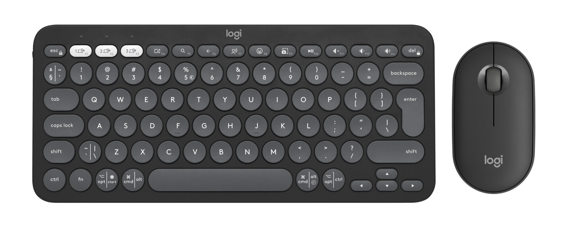 Czarny zestaw klawiatury i myszy, z okrągłymi klawiszami, na białym tle. Marka to Logi.
