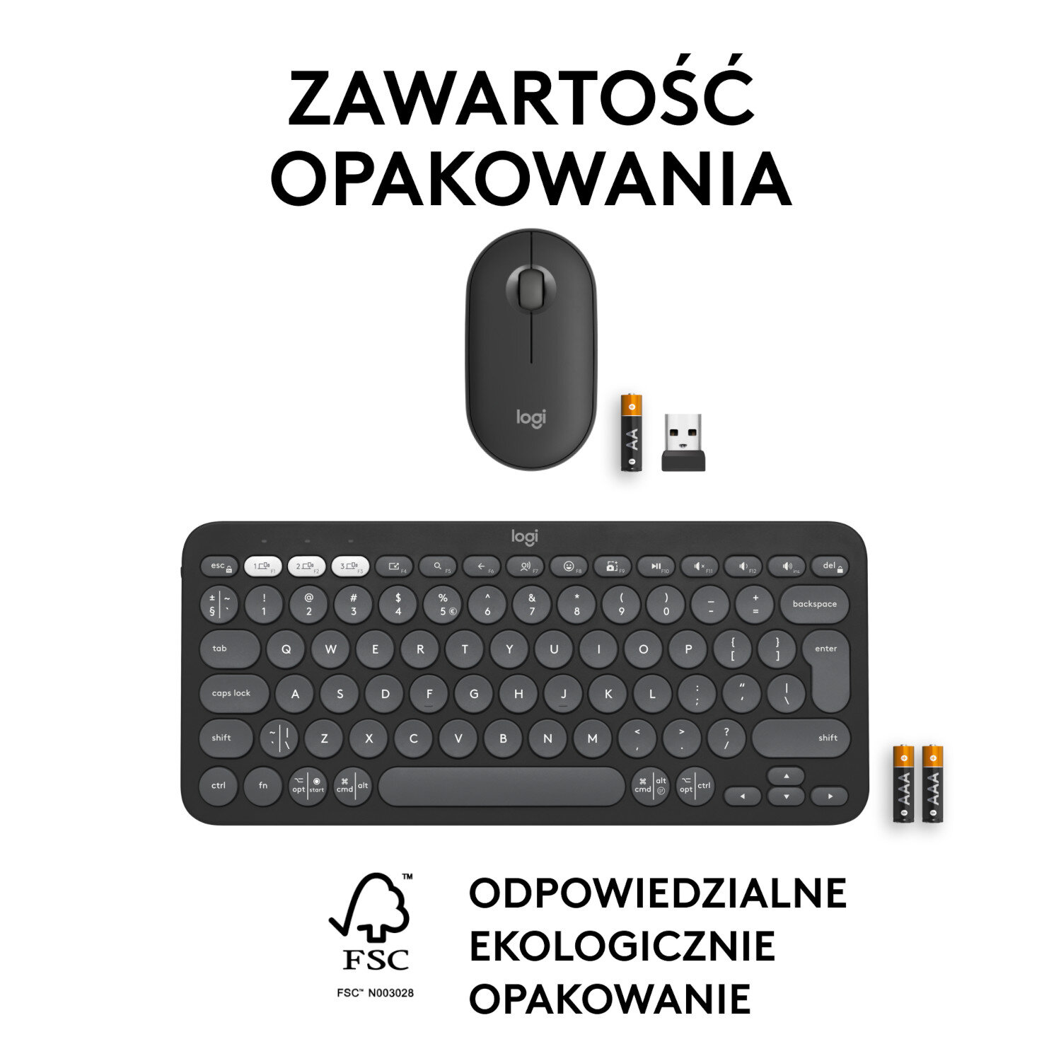 Urządzenia peryferyjne komputera: czarna mysz, klawiatura, baterie i odbiornik USB. Białe tło.