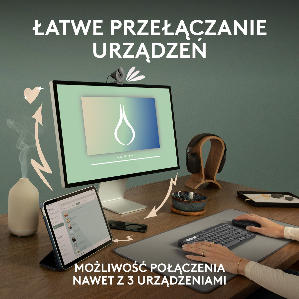 Miejsce pracy z komputerem, tabletem i innymi urządzeniami. Tekst mówi "Łatwe przełączanie urządzeń" i "Podłącz do 3 urządzeń."
