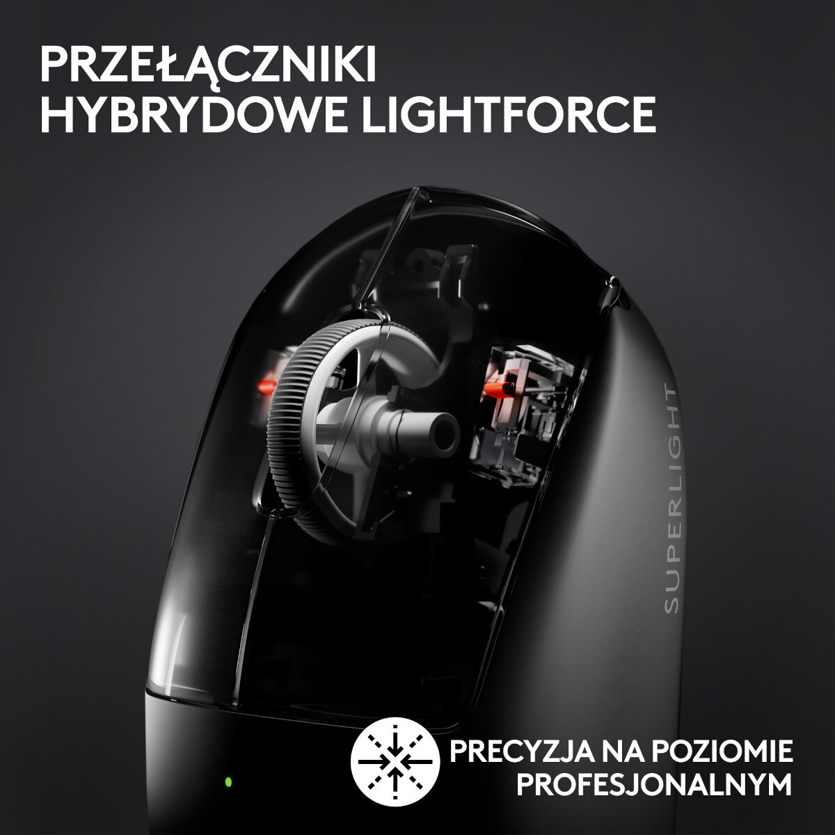Czarna mysz do gier z widocznymi elementami wewnętrznymi. Tekst brzmi 'PRZEŁĄCZNIKI HYBRYDOWE LIGHTFORCE' i 'PRECYZJA NA POZIOMIE PROFESJONALNYM'.