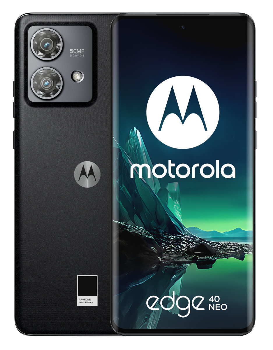 Czarny Motorola Edge 40 Neo. Tył z aparatami. Przód wyświetla kolorowe tło.