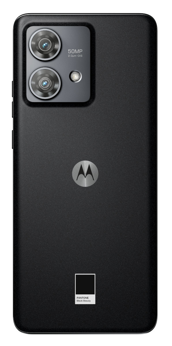 Czarny telefon Motorola. Tył ma podwójne aparaty, logo i próbkę kolorów Pantone. Jest prosty i nowoczesny.