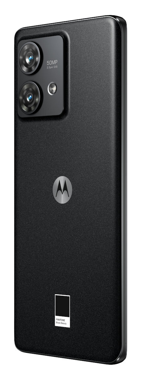 Czarny smartfon Motorola z podwójnym aparatem, logo Motorola i etykietą Pantone Black Beauty.