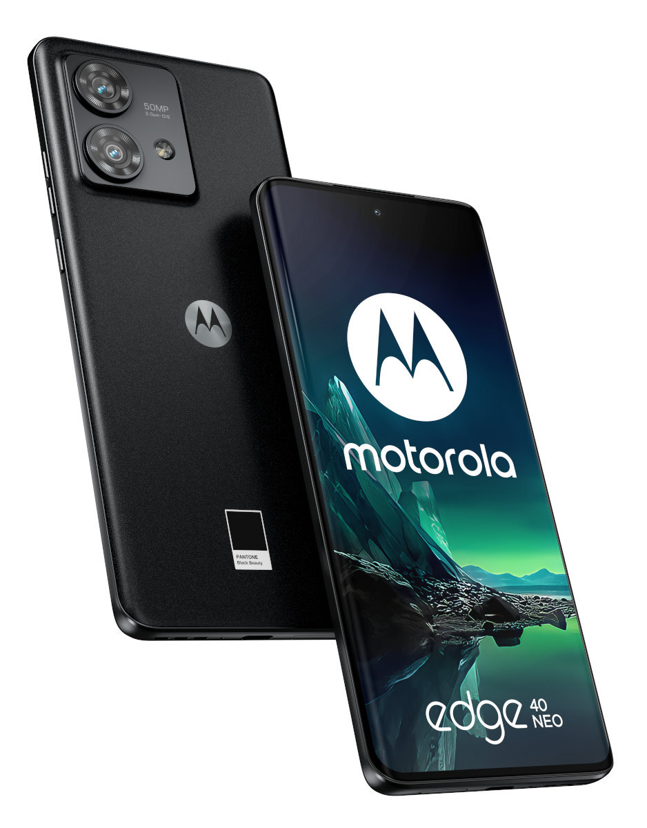 Dwa czarne telefony Motorola; jeden pod kątem, wyświetlający zielono-niebieską grafikę, drugi pokazujący tył.