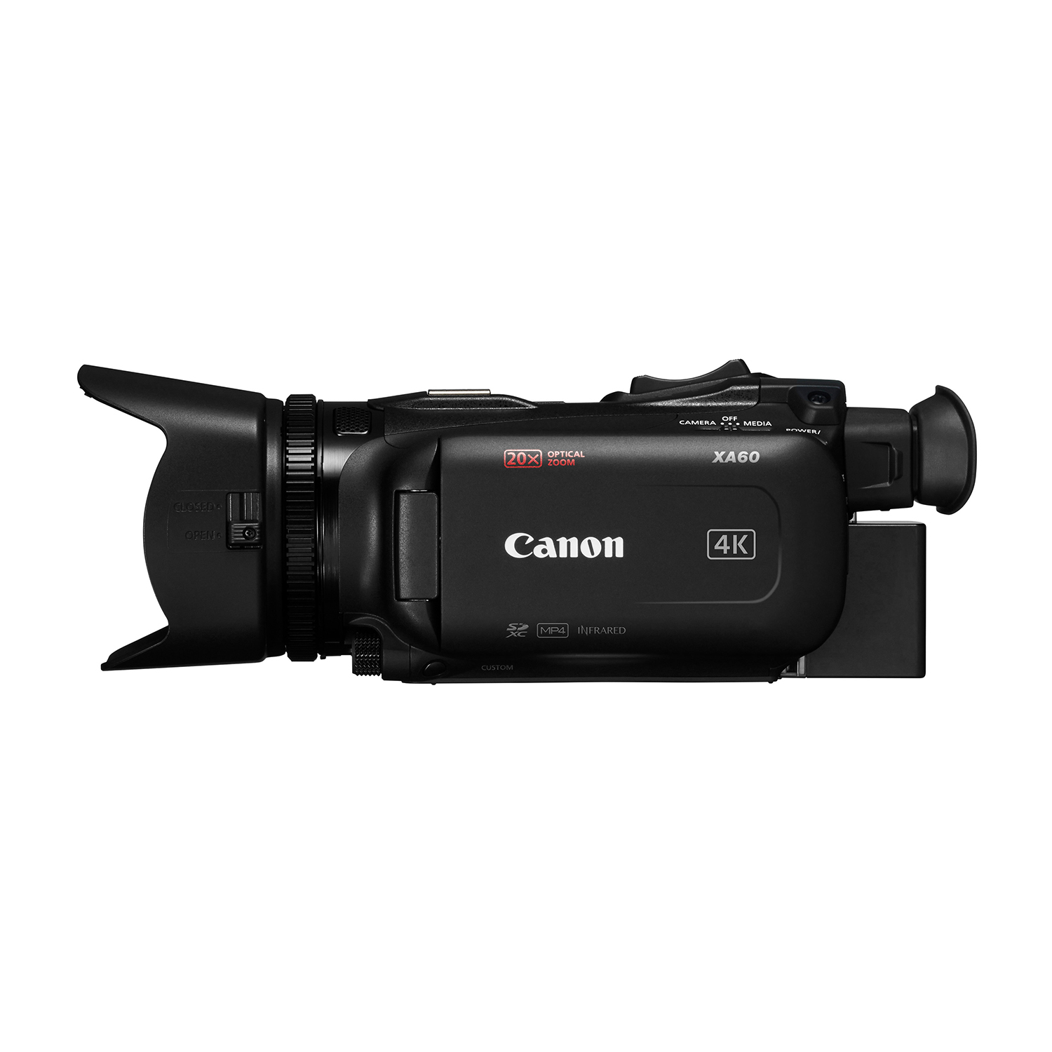 Una videocamera Canon XA60 4K nera con paraluce, su sfondo bianco.