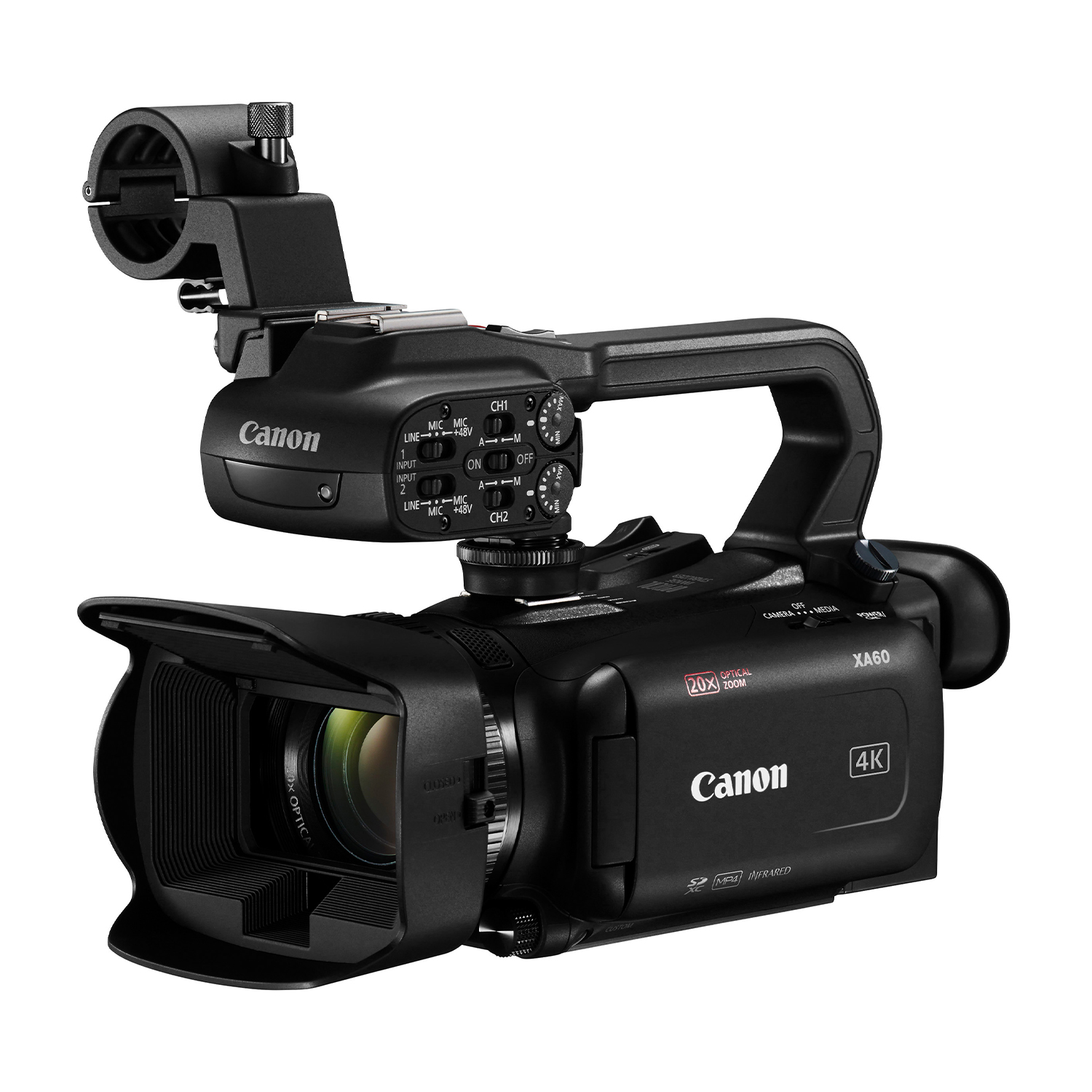 Videocamera professionale Canon XA60 nera su sfondo bianco.