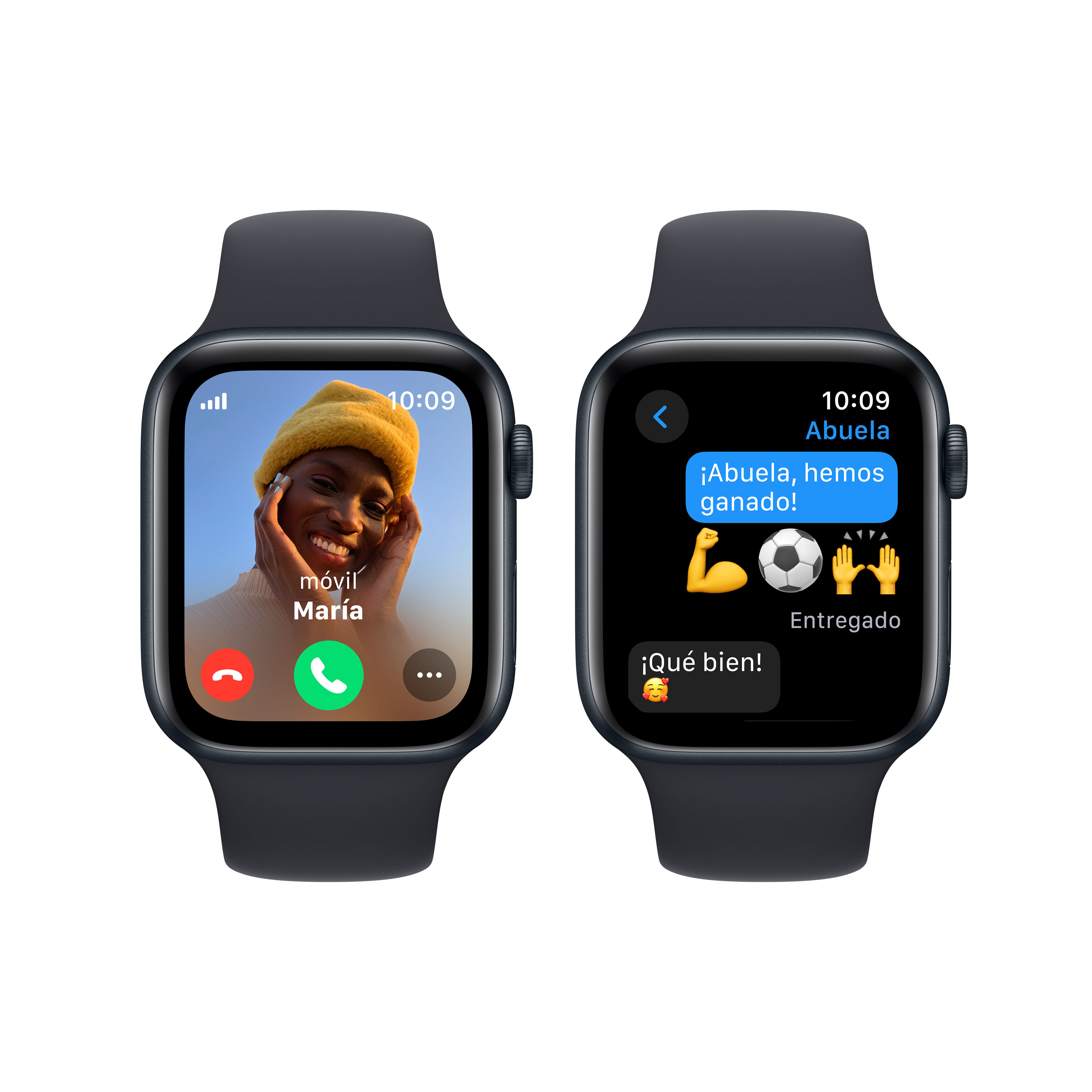 Dos Apple Watches mostrando una videollamada y un intercambio de mensajes de texto con emojis.
