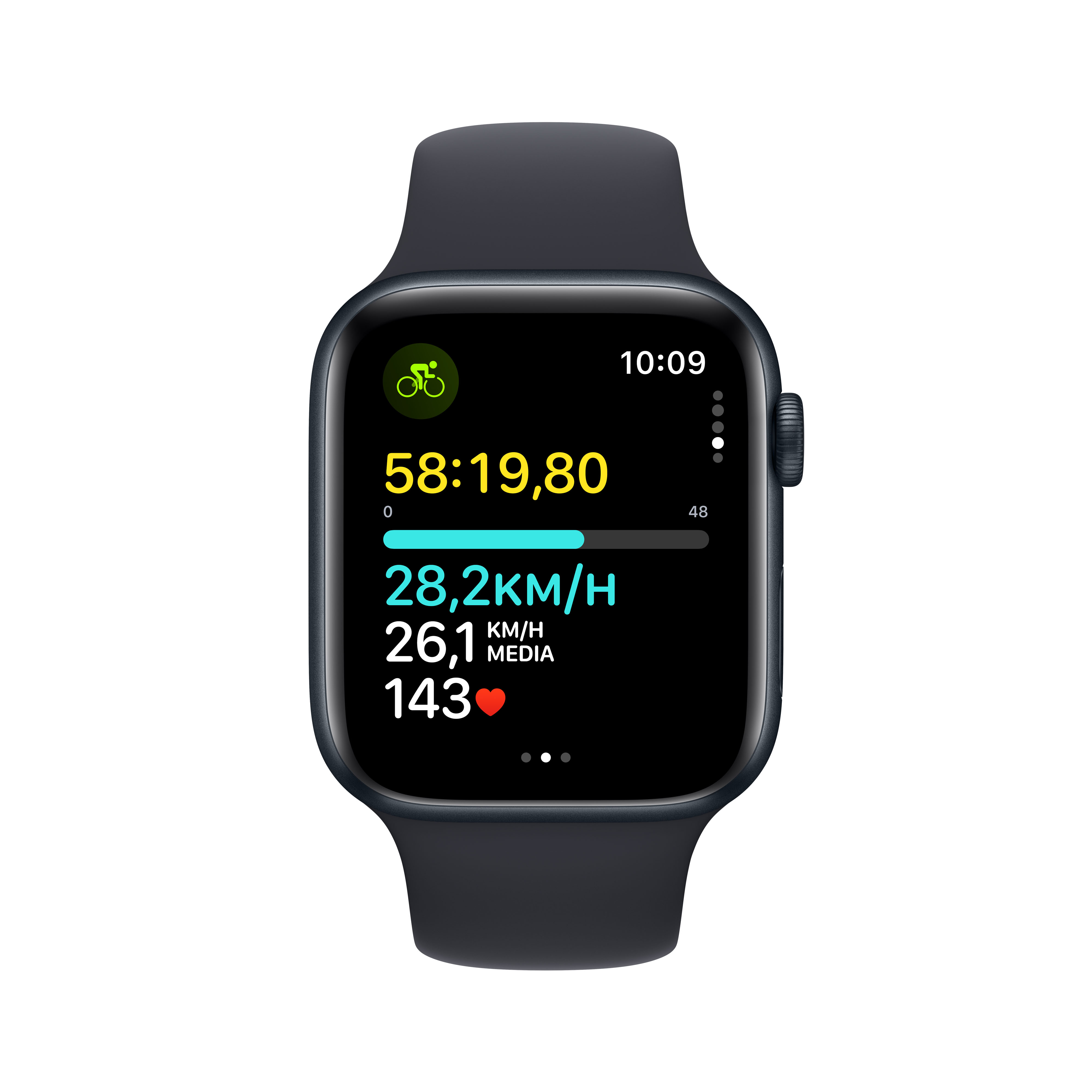 Reloj inteligente mostrando métricas de ciclismo como velocidad, ritmo cardíaco y tiempo.