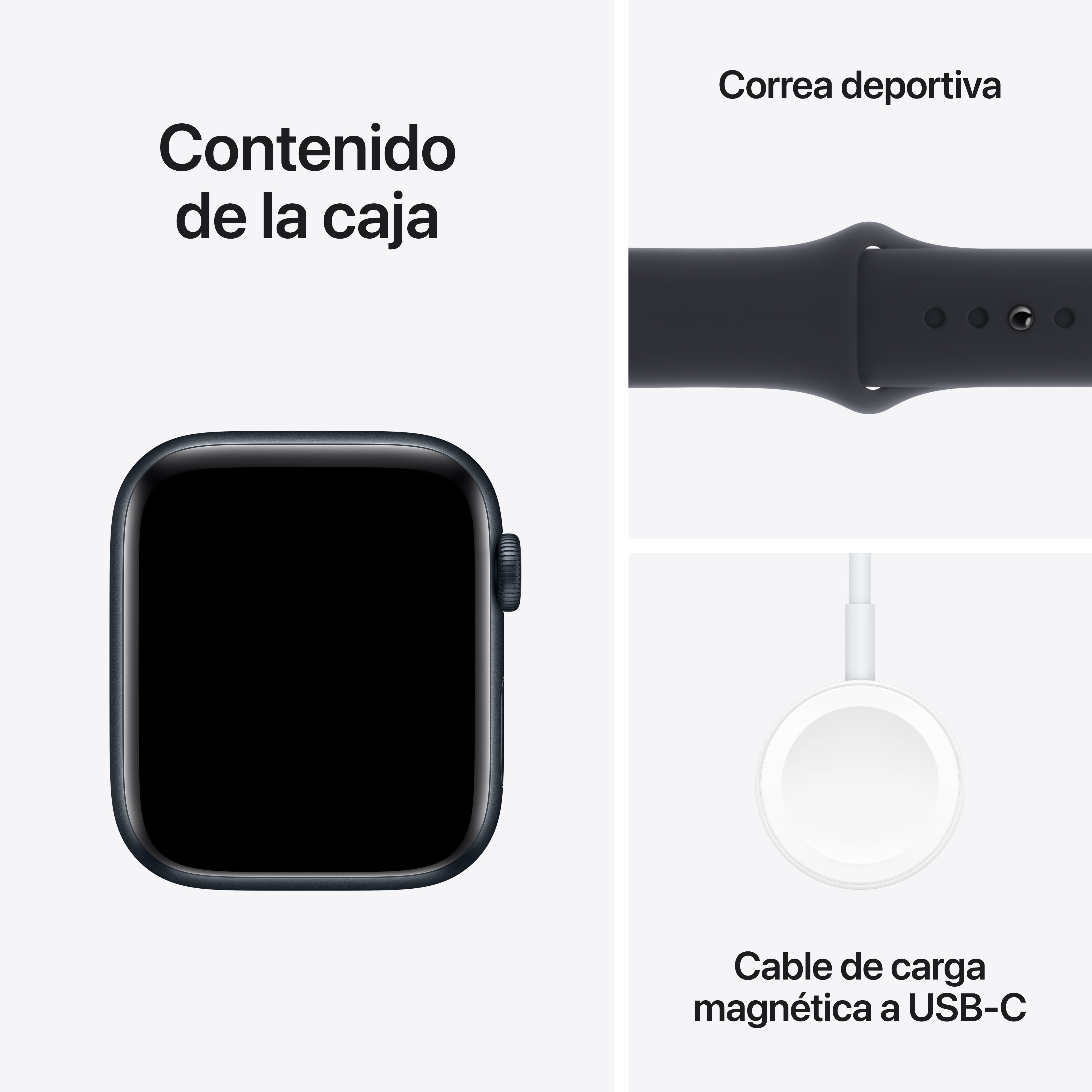 Un Apple Watch, una correa y un cargador magnético, todo sobre fondo blanco.