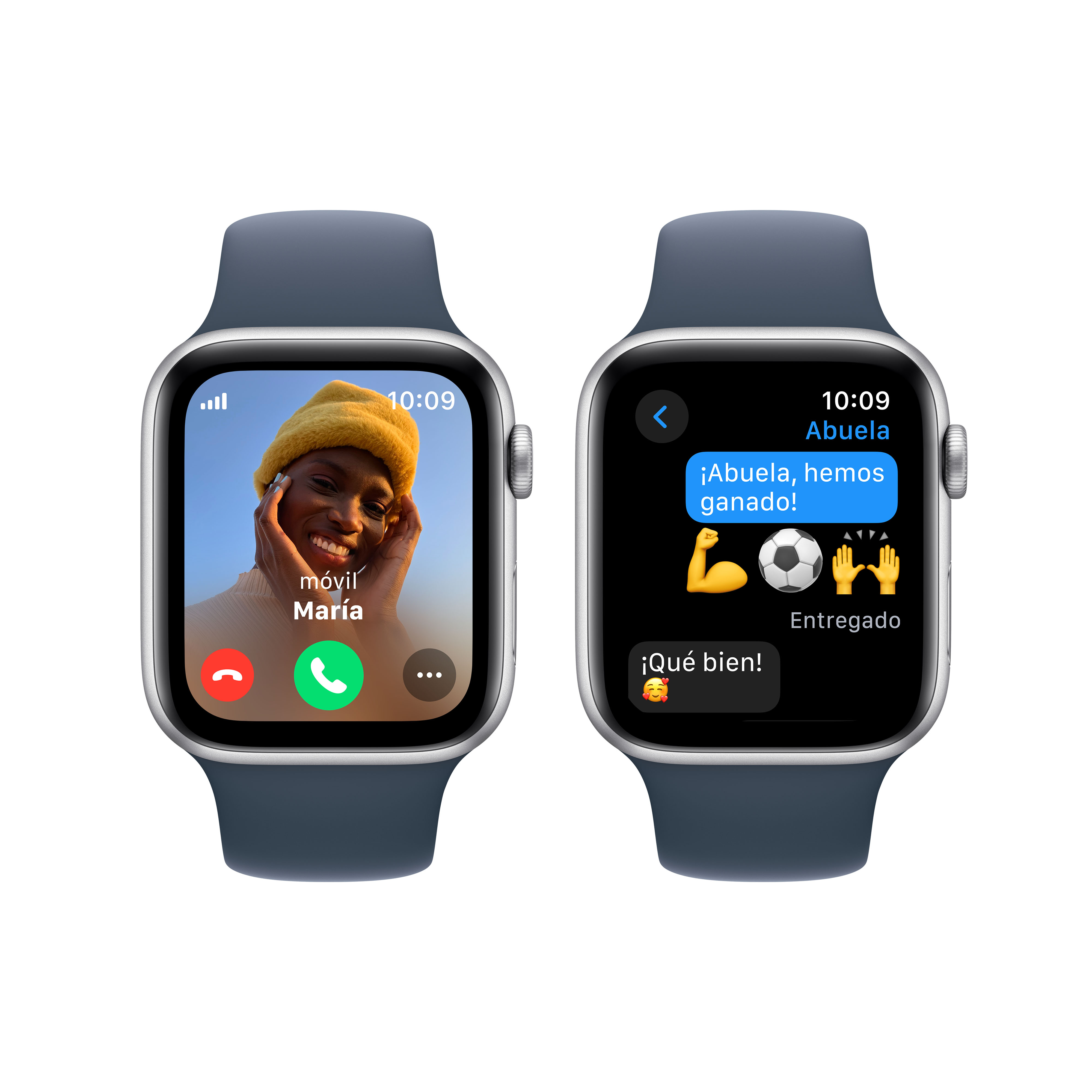 Dos Apple Watches mostrando una videollamada y un mensaje de texto en la pantalla.