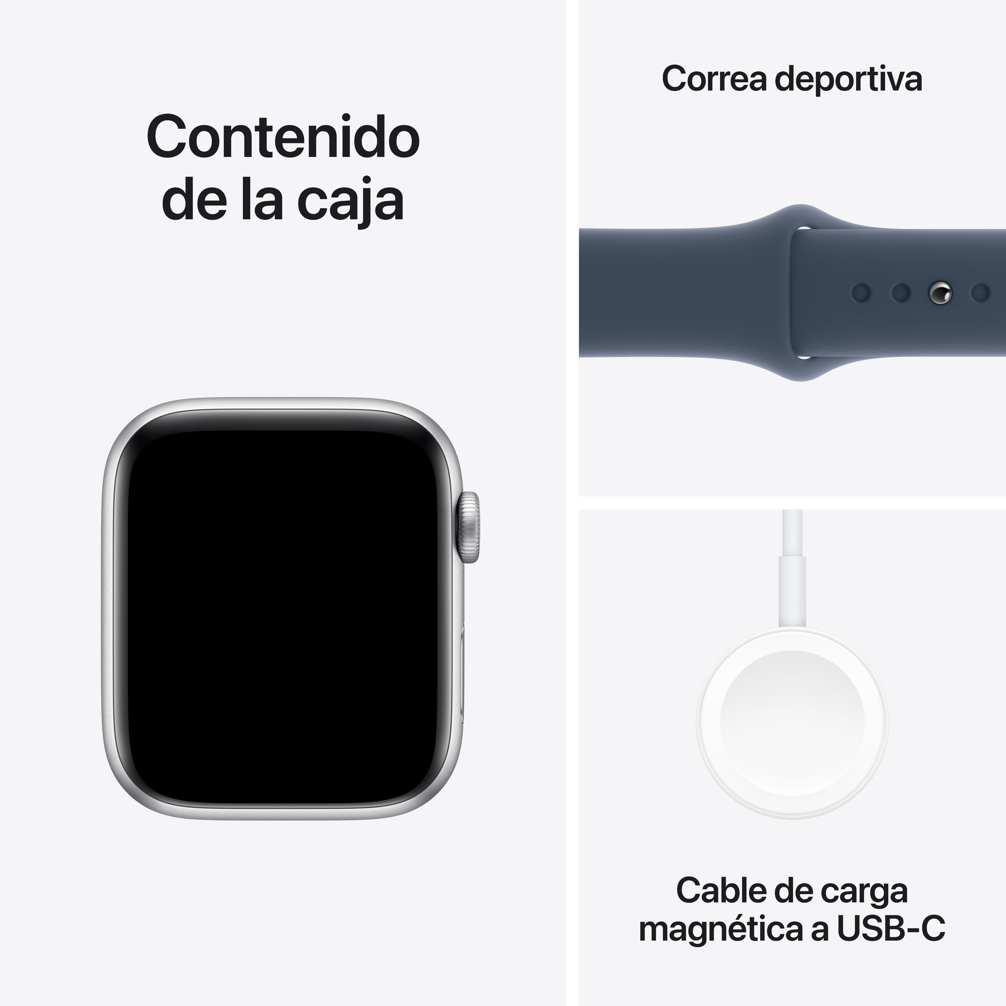 Contenido de la caja Apple Watch: Reloj, correa y cargador sobre superficie blanca.
