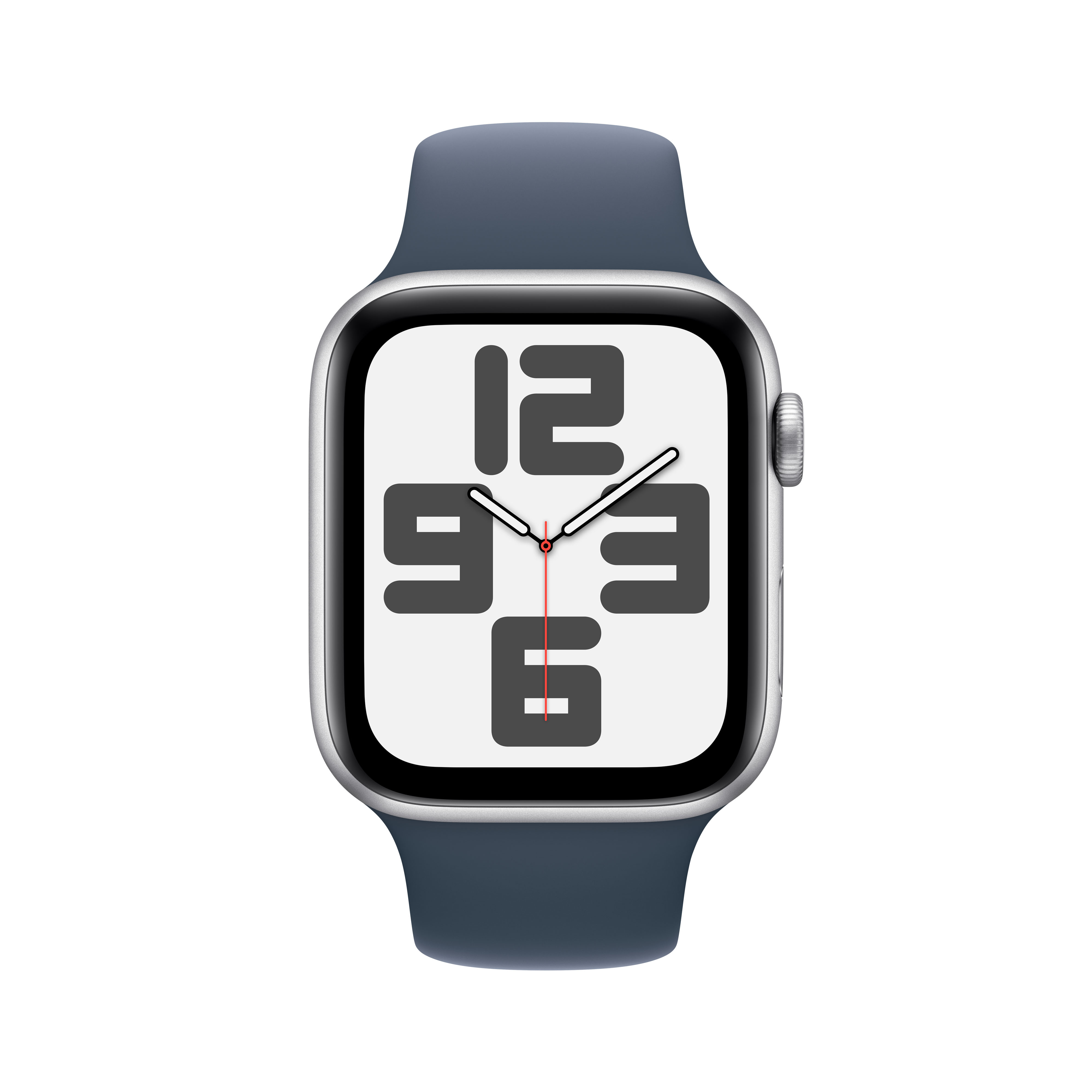 Apple Watch plateada con correa azul, esfera blanca mostrando la hora.