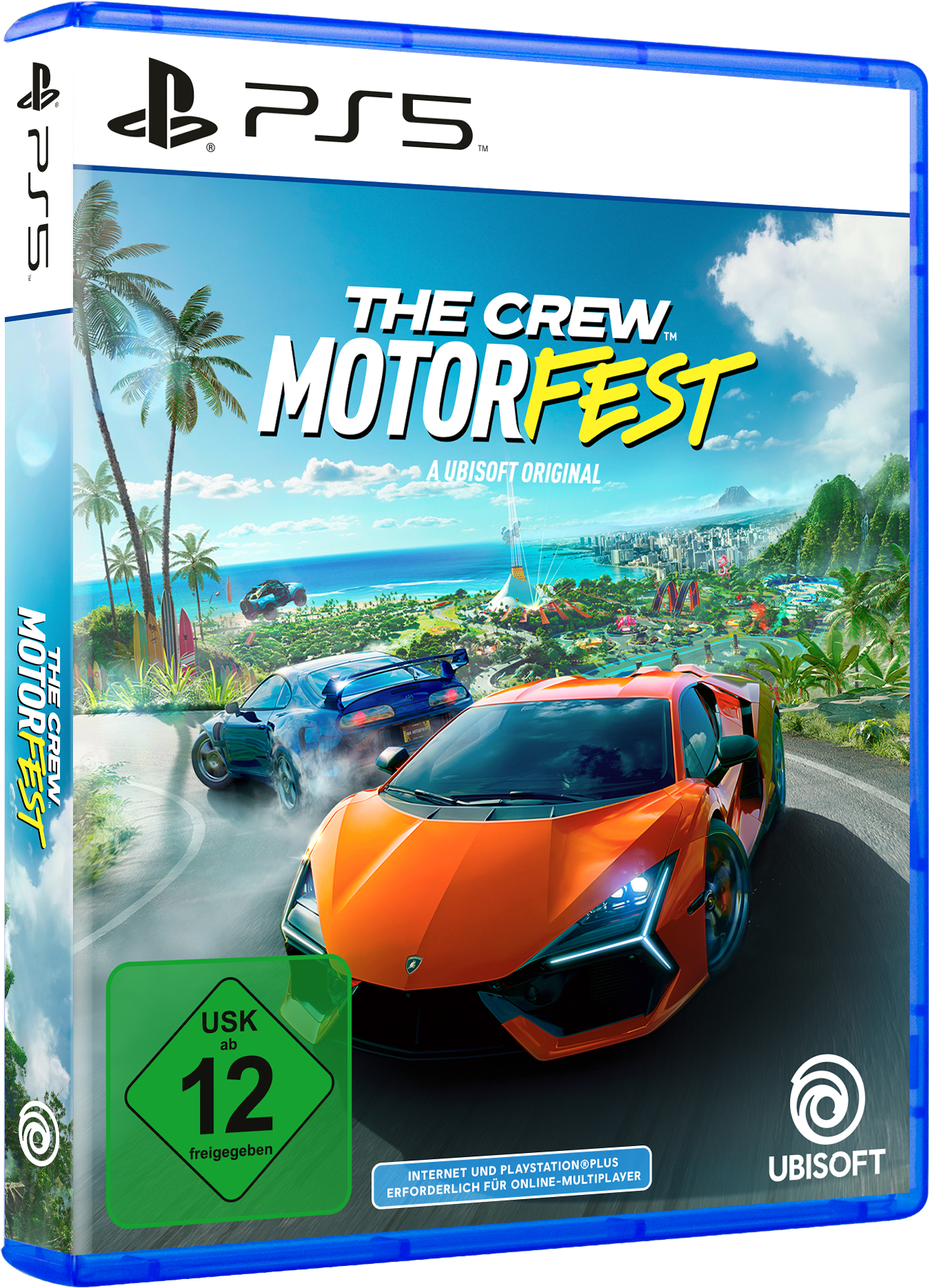 Spiel-Cover für The Crew Motorfest, mit Autos im Rennen. Blaue und orangefarbene Farben.
