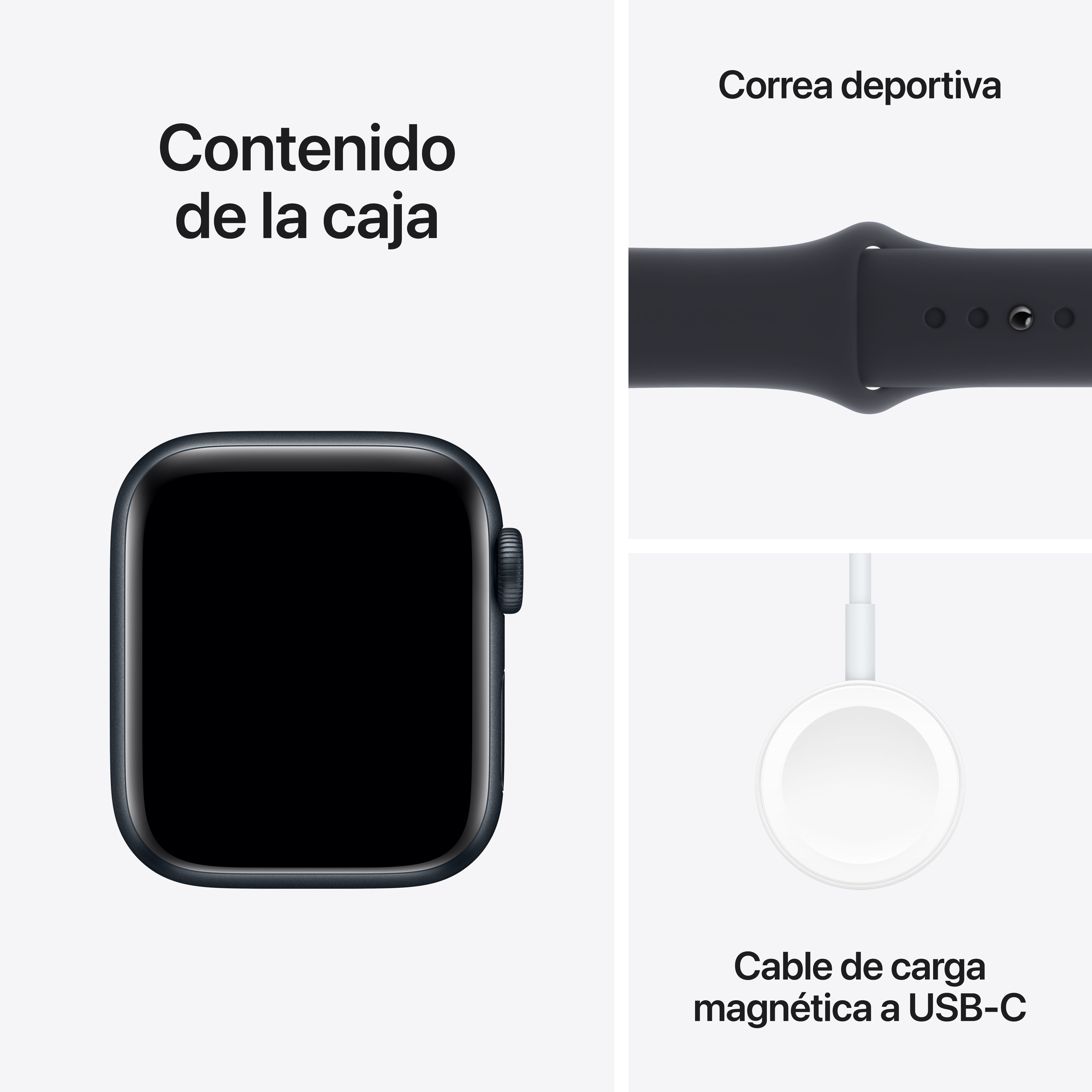 Apple Watch y correa con cargador. El reloj es azul oscuro con el contenido de la caja que se muestra a la izquierda.