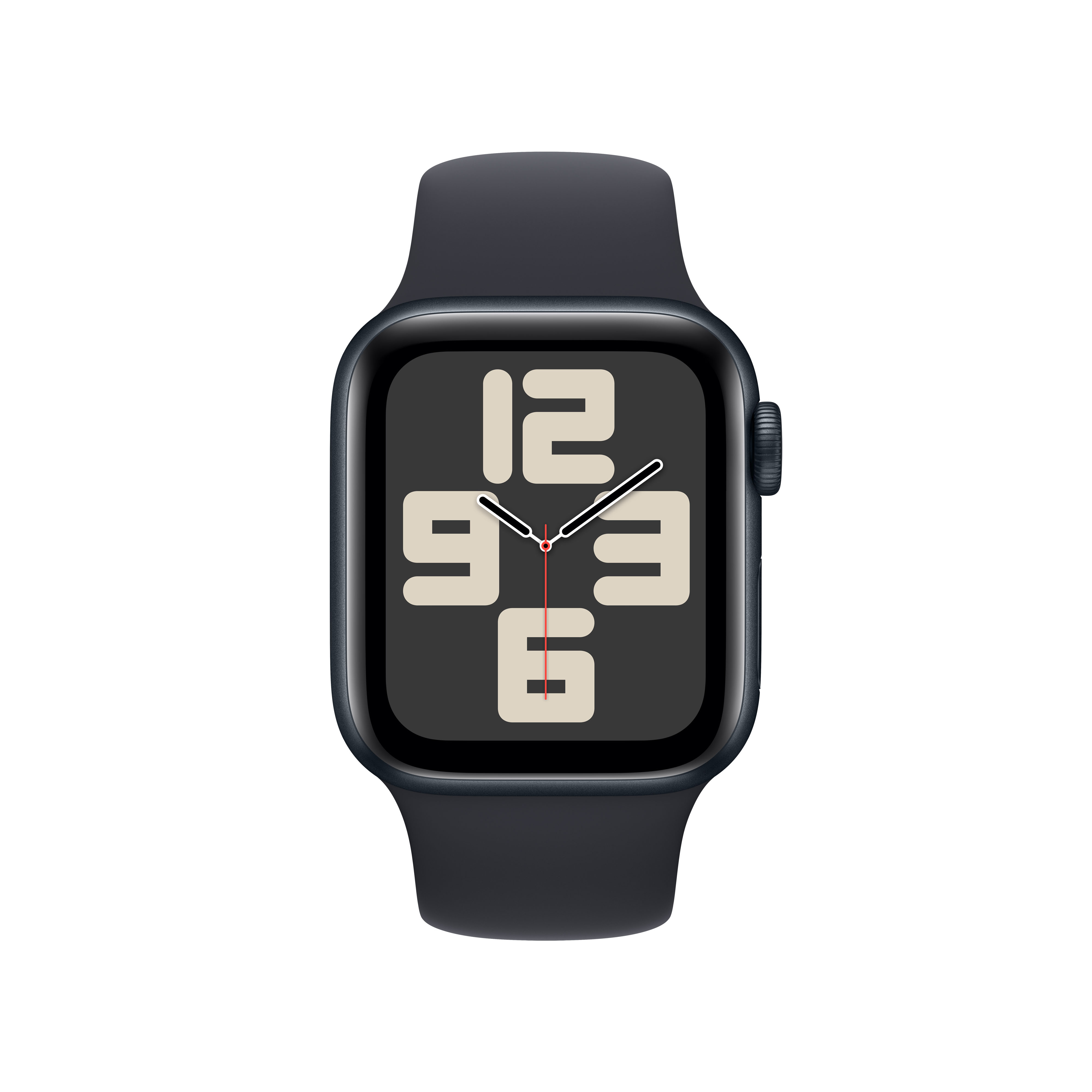 Un Apple Watch con una correa negra y una pantalla negra que muestra la hora y los números.