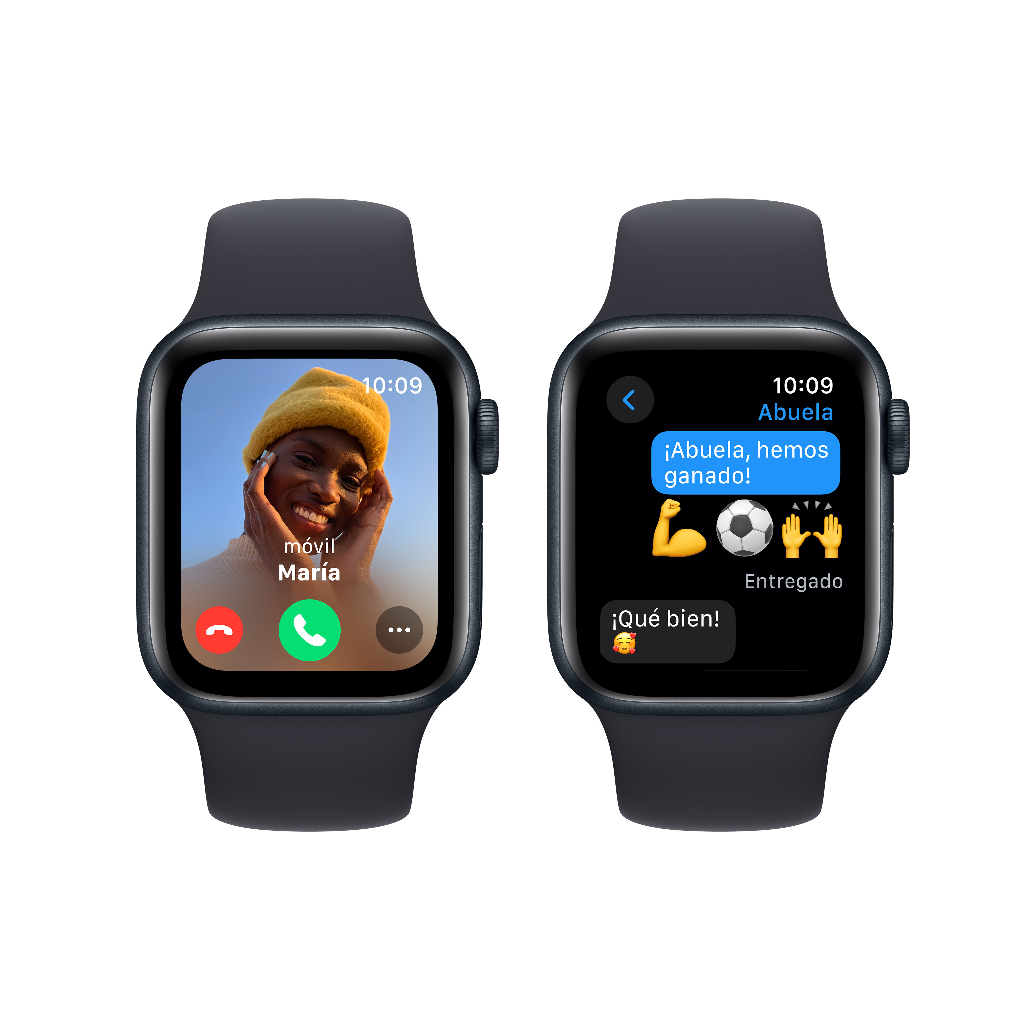 Dos Apple Watch azul oscuro mostrando diferentes interfaces. Uno muestra una llamada, el otro un mensaje.