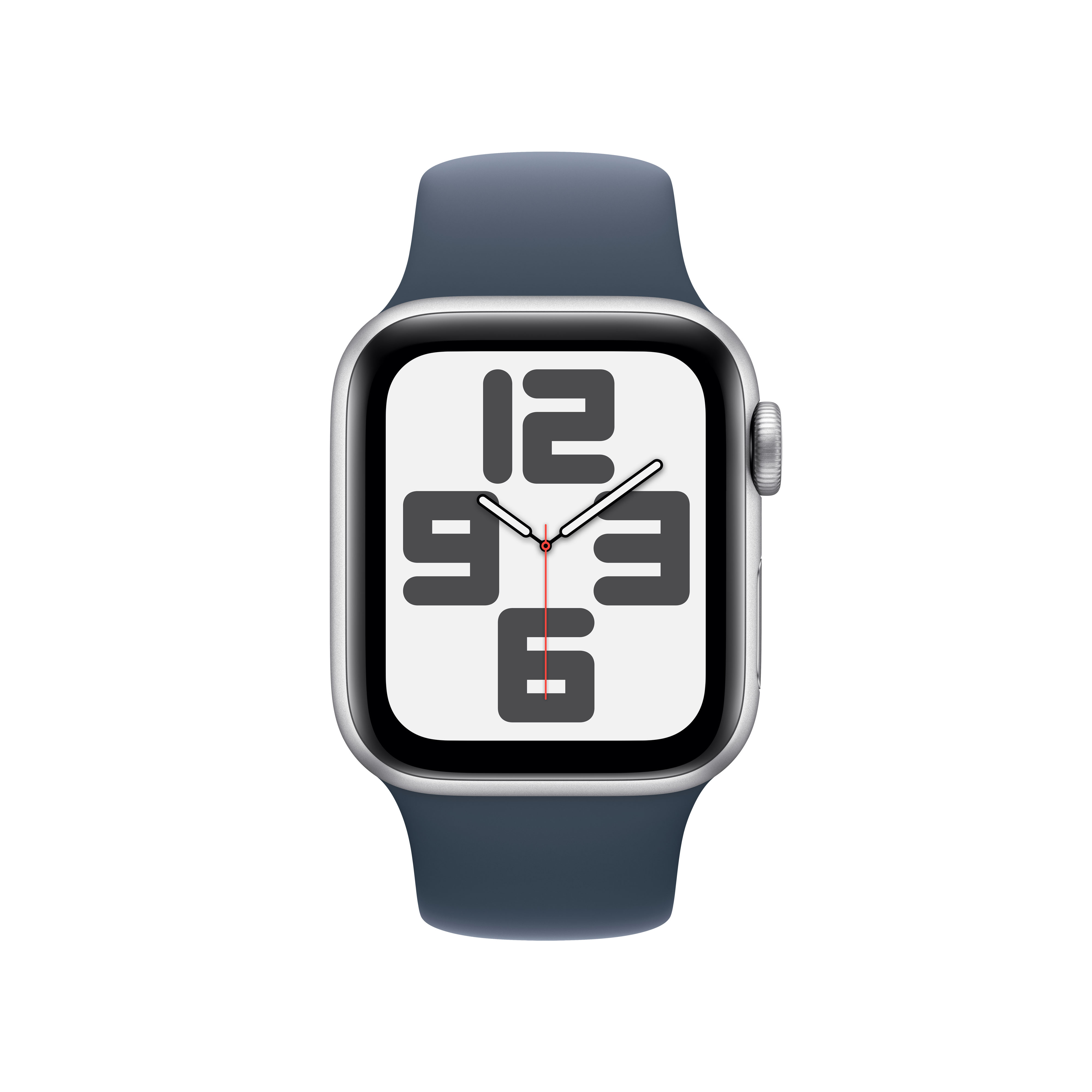 Apple Watch plateado con correa azul. La esfera muestra la hora y las funciones del reloj.