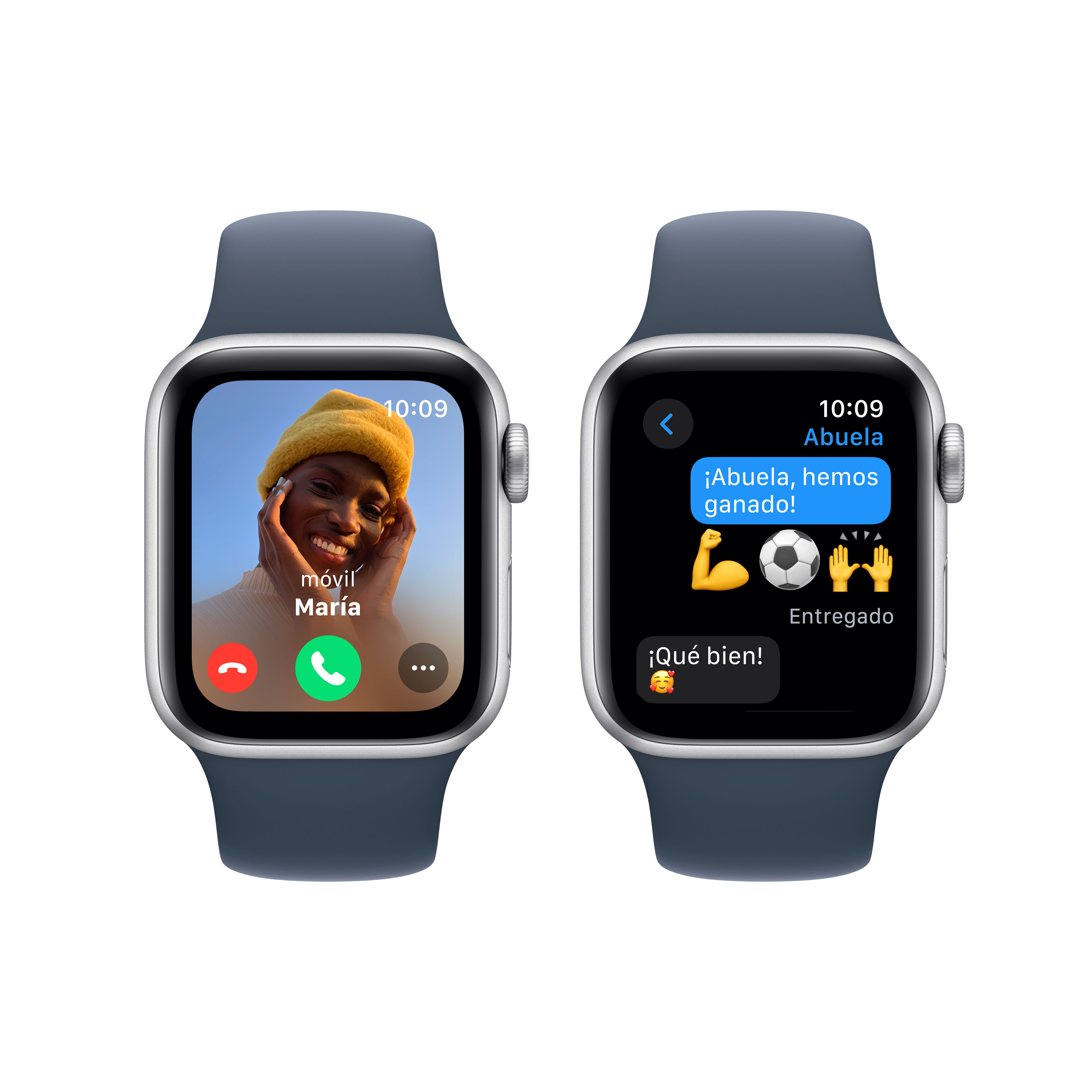 Dos smartwatches. Uno muestra una videollamada, el otro una conversación de mensajes de texto con emojis. Correas azules.