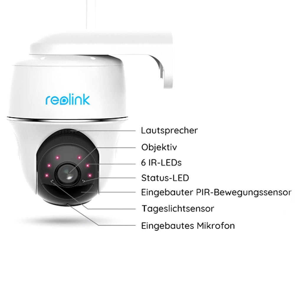 Eine weiße Reolink-Sicherheitskamera mit Beschriftungen: Lautsprecher, Objektiv, 6 IR-LEDs, Status-LED, PIR-Sensor, Lichtsensor, Mikrofon.