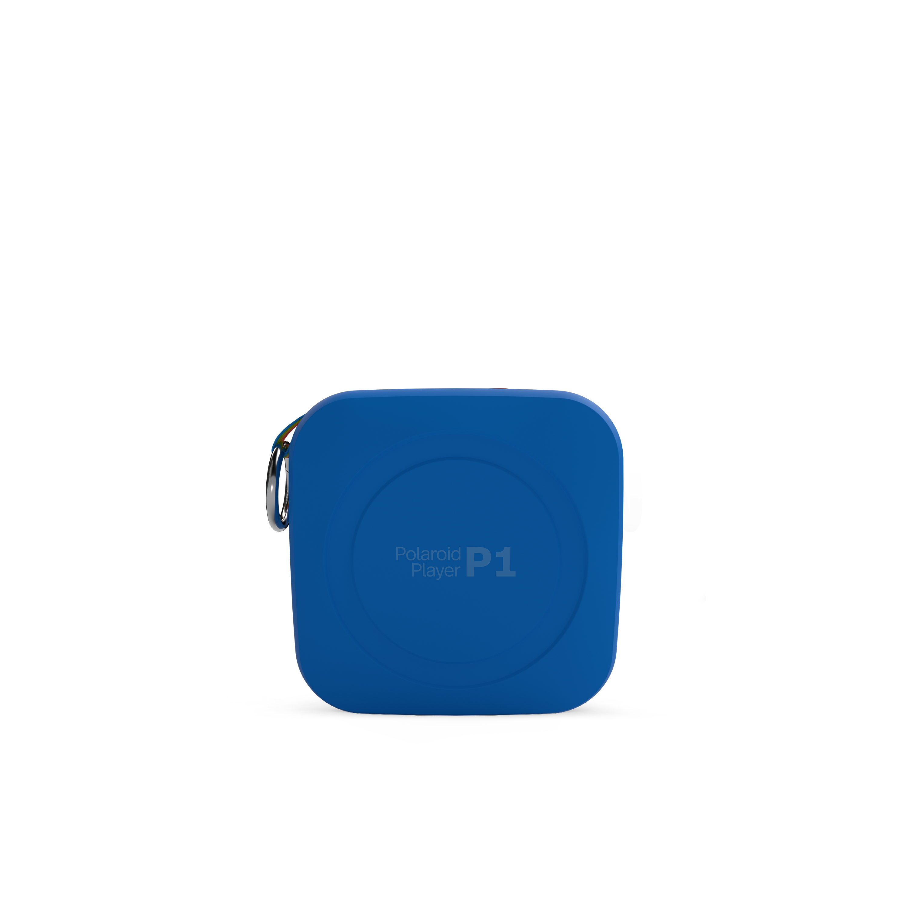 Mavi Polaroid P1 hoparlör. Kare şekli, Polaroid logosu ile. Siyah arka plan.