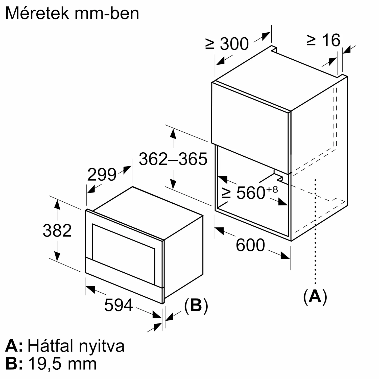 Beépíthető sütő műszaki rajza, méretekkel mm-ben. A készülék részletes vázlatos nézetét mutatja.