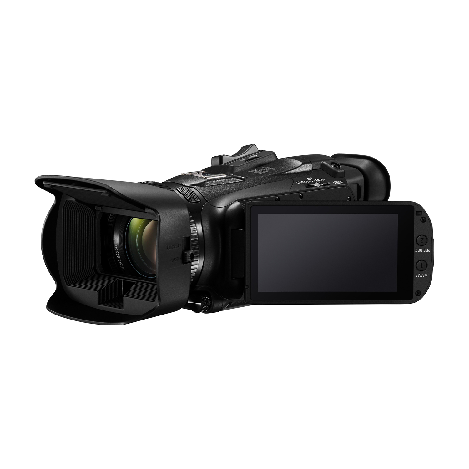 Una videocamera nera con schermo orientabile, obiettivo e paraluce, isolata.