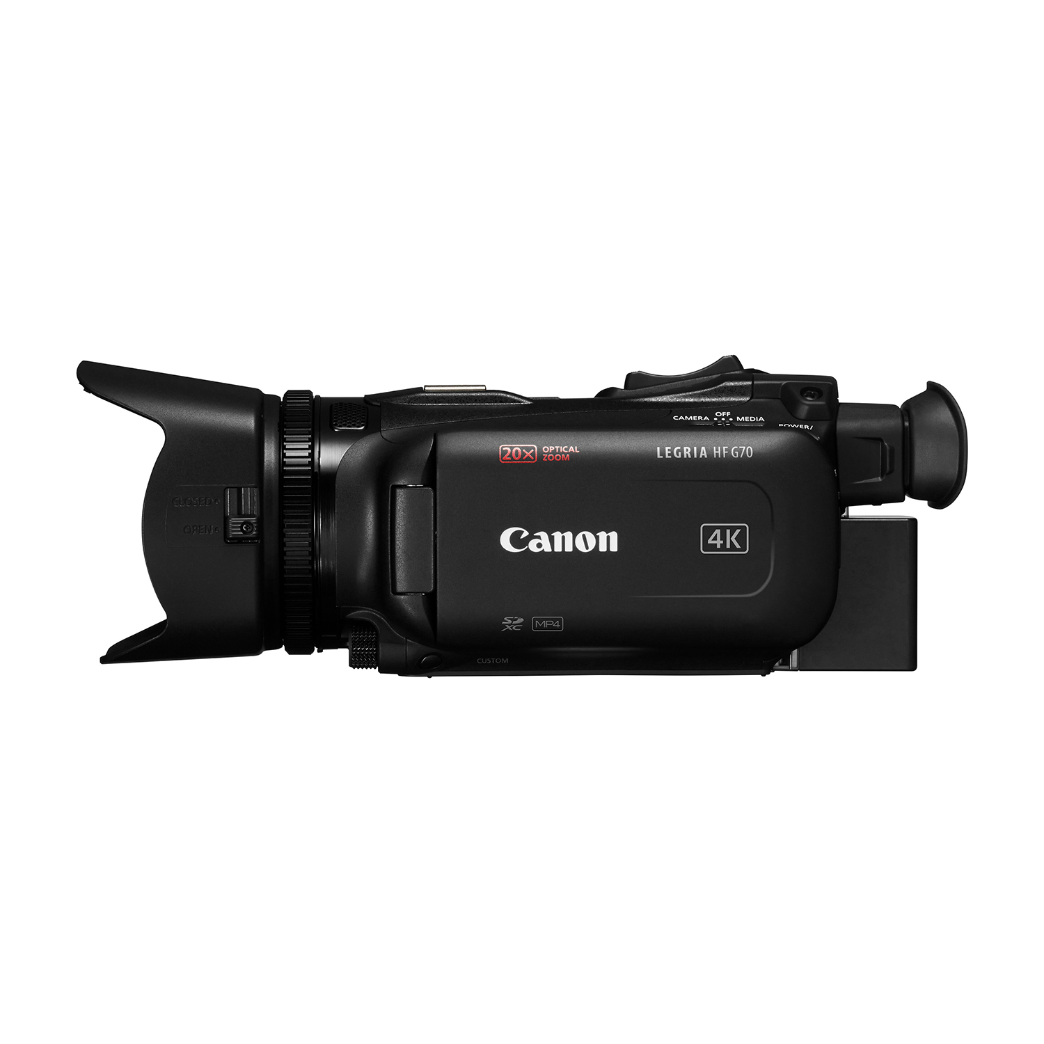 Una videocamera Canon nera con paraluce, pulsanti e schermo. L'etichetta dice LEGRIA HF670 4K 20x zoom ottico.