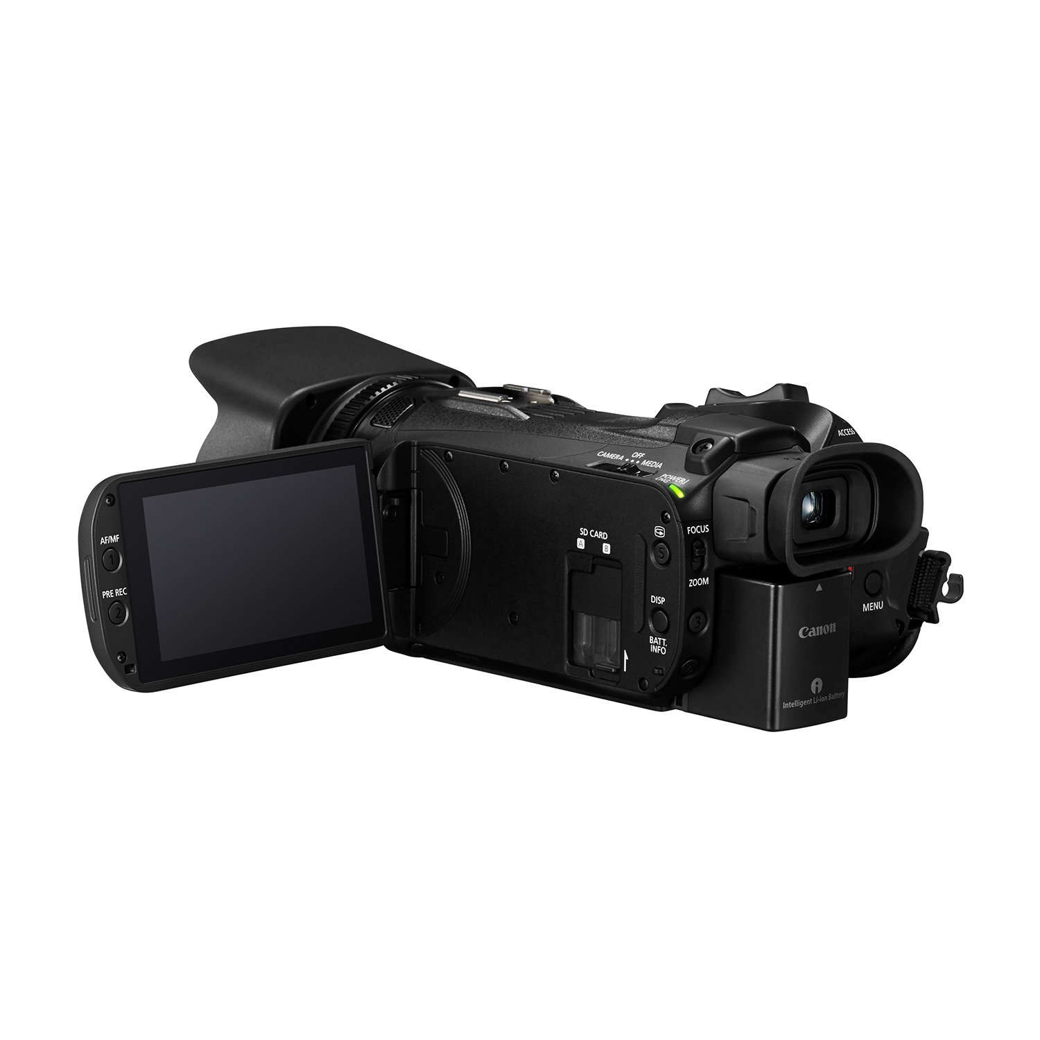Videocamera Canon nera con schermo aperto, che mostra i controlli e la batteria collegata.