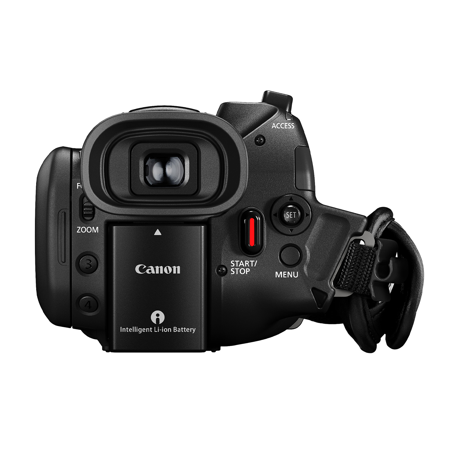 Videocamera Canon nera dall'alto. Mostra controllo zoom, pulsante avvio/arresto e batteria. Sfondo bianco.