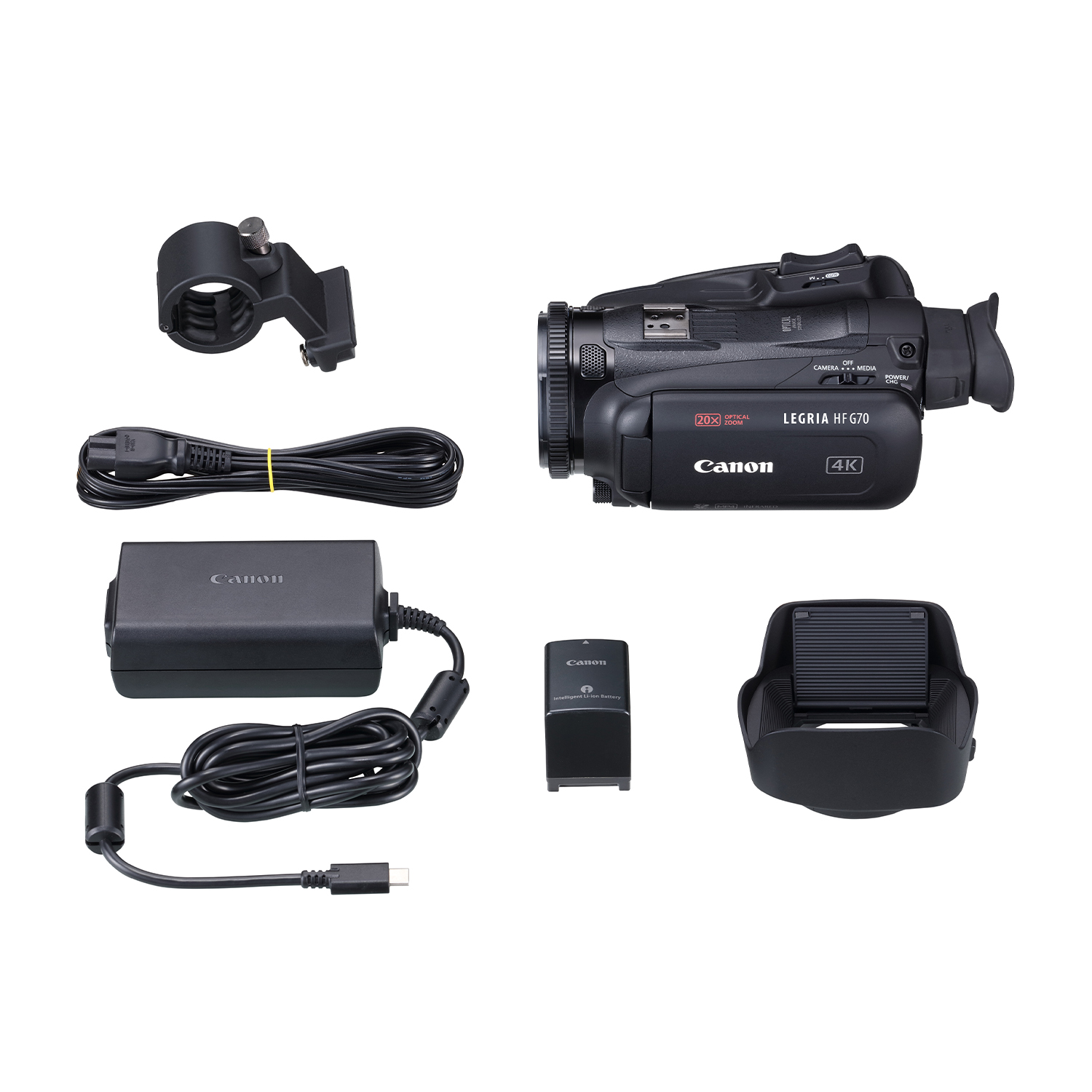 Videocamera Canon Legria HF G70 con accessori: batteria, caricabatterie e attacco per microfono.