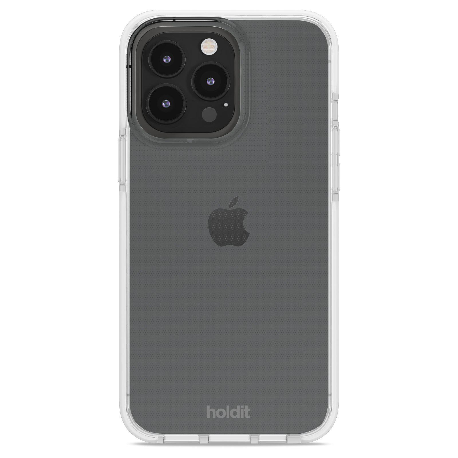 Ein iPhone in einer transparenten Holdit-Hülle, das die Rückseite des Telefons zeigt.
