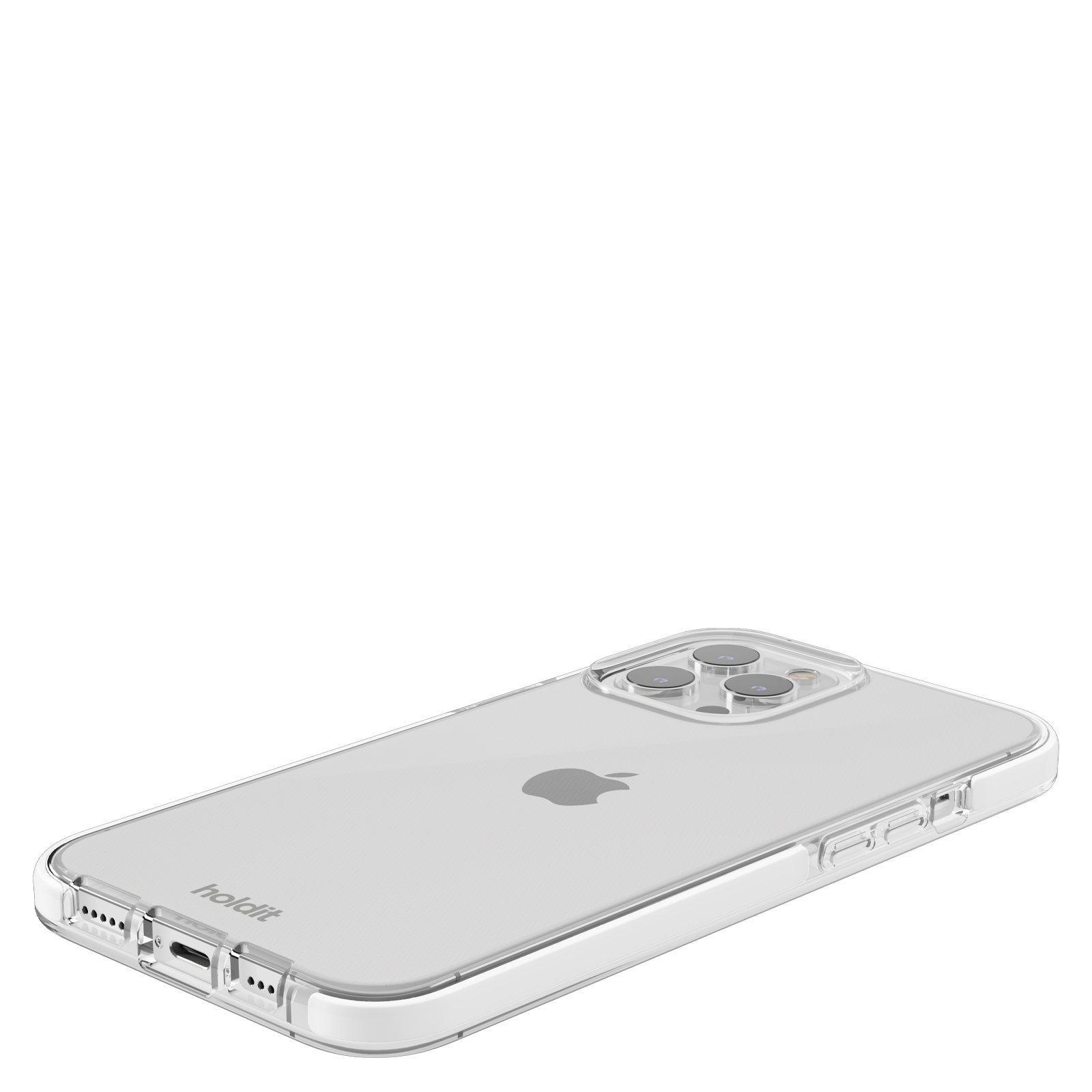 Transparente Handyhülle auf weißem Hintergrund. Die Hülle liegt über einem Telefon. Das Apple-Logo ist sichtbar.