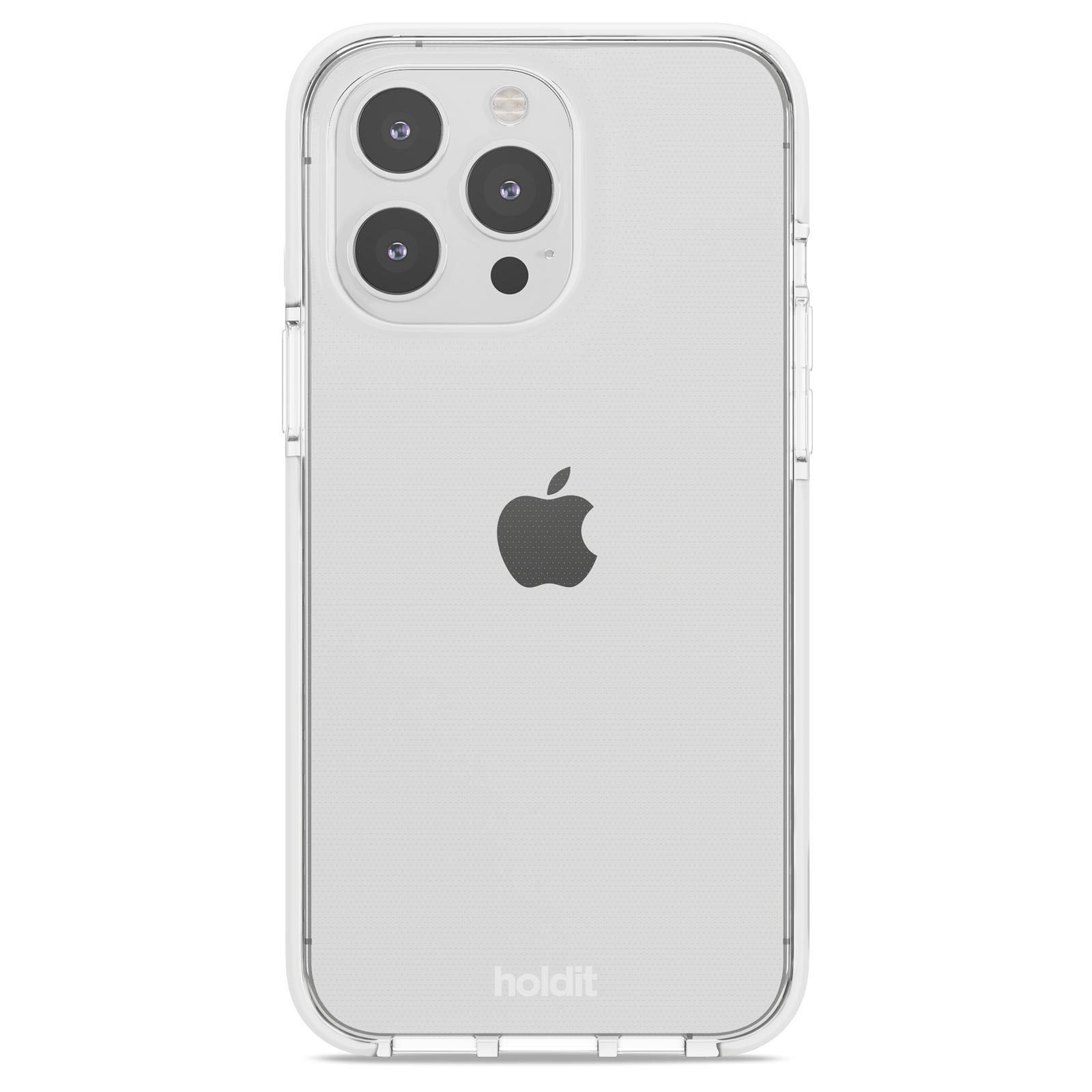 Eine transparente Handyhülle. Die Rückseite hat das Apple-Logo mit einem Dreifach-Kamera-System.