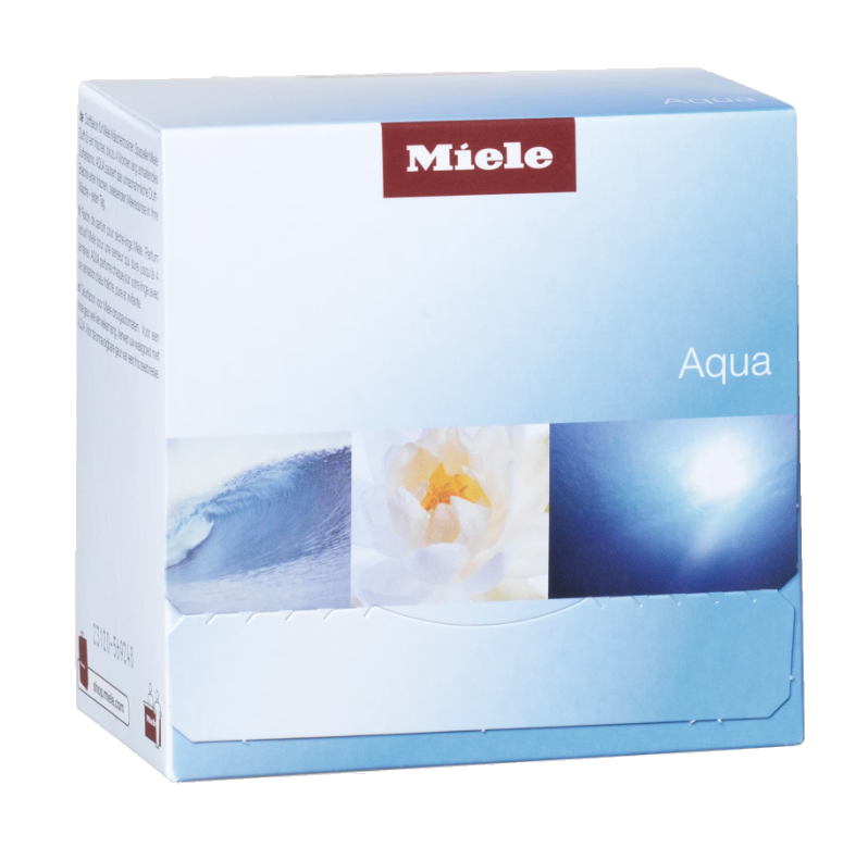 Eine Miele Aqua Box, weiß mit blauen Wellen- und Blumenbildern und dem Markennamen oben.