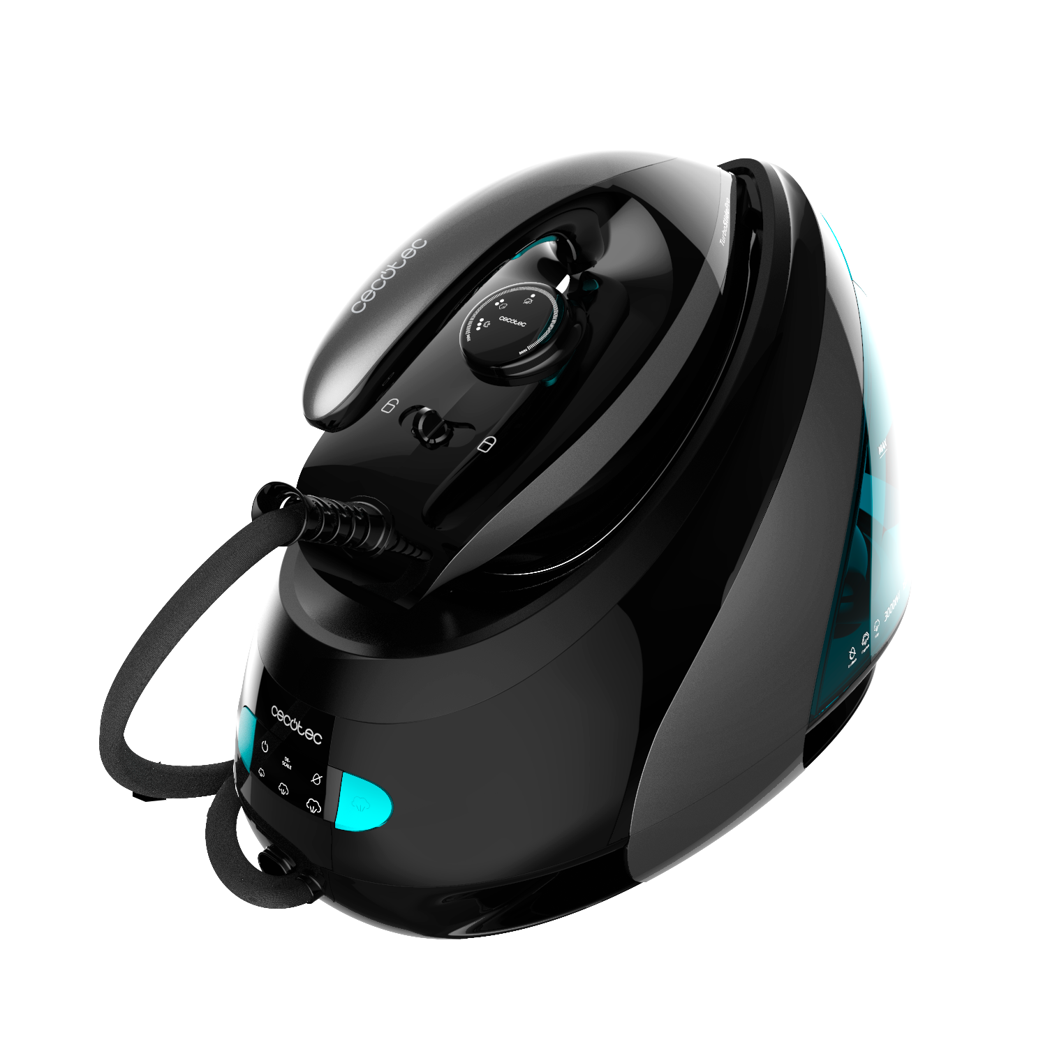 Plancha generadora de vapor negra con diseño curvo, con dial y indicadores de luz azul.