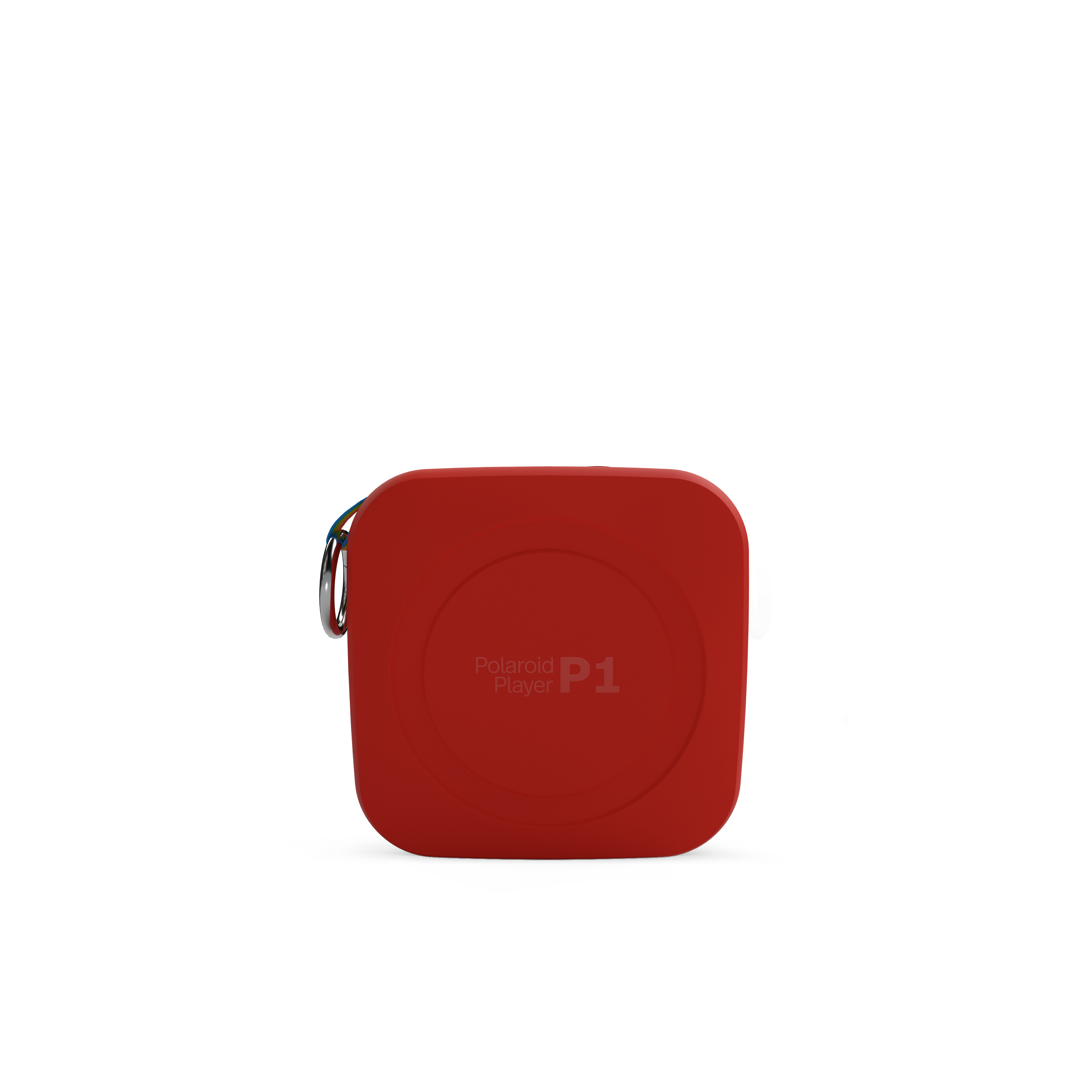 Siyah bir arka plan üzerinde kırmızı bir Polaroid P1 oynatıcı, Polaroid logosu ve küçük bir asma halkası ile.