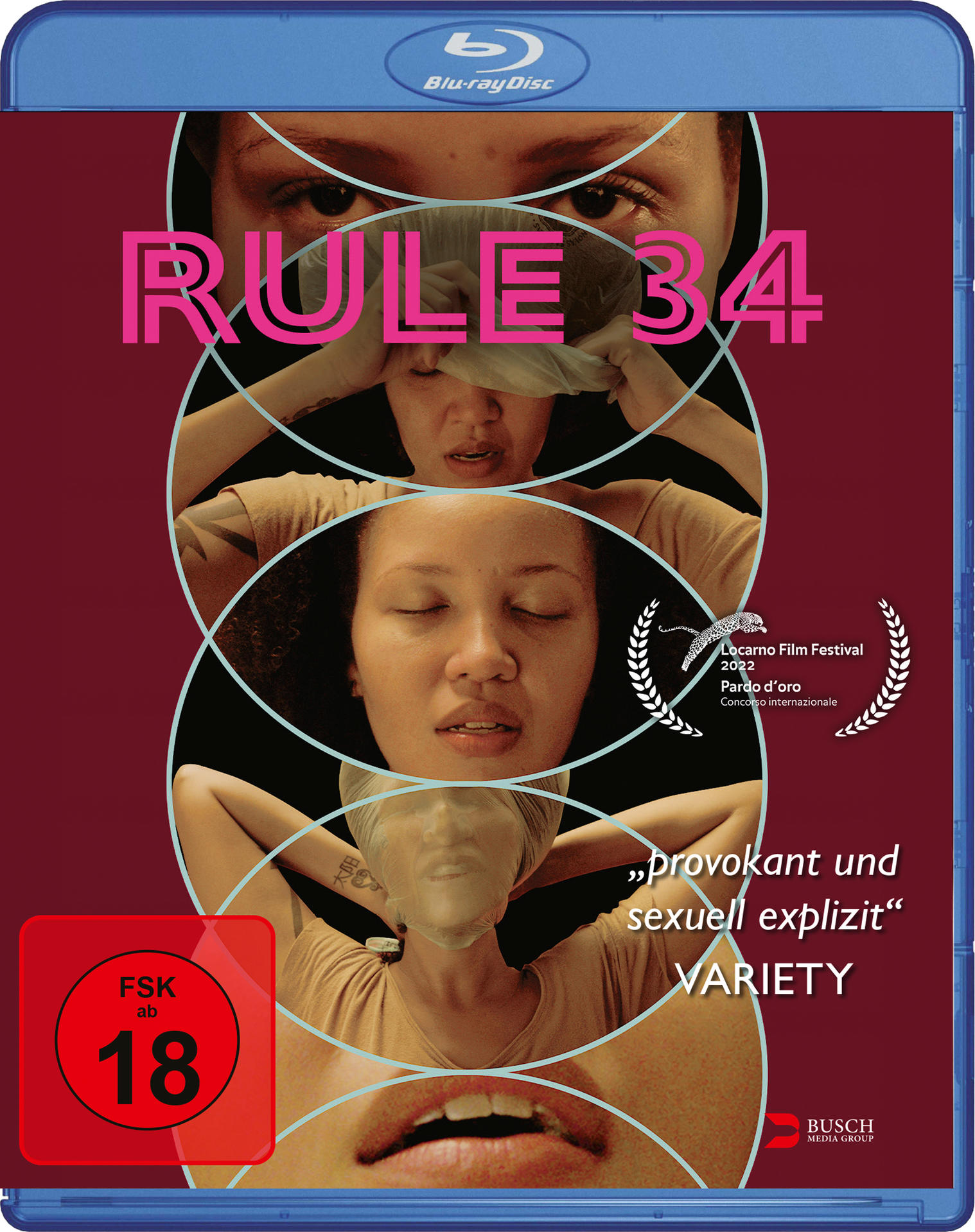 Blu-ray-Disc-Cover für den Film „Rule 34“, zeigt Gesichter und Text auf dunklem Hintergrund.