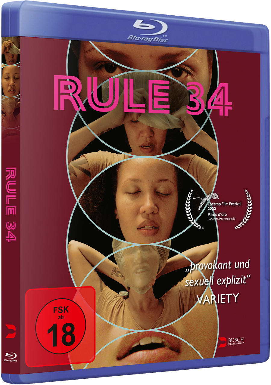 Filmcover: Frauengesicht in Kreisen, Titel 'RULE 34', Altersbeschränkung. Blu-ray Disc.