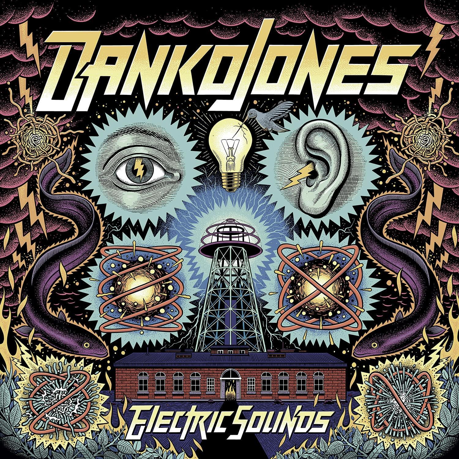 Pochette d'album, art psychédélique avec des yeux, des oreilles et un bâtiment. Titre : Electric Sounds.