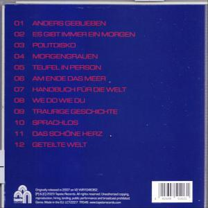 Rückseite mit Titelliste in roter und weißer Schrift auf blauem Hintergrund mit weißem Logo.