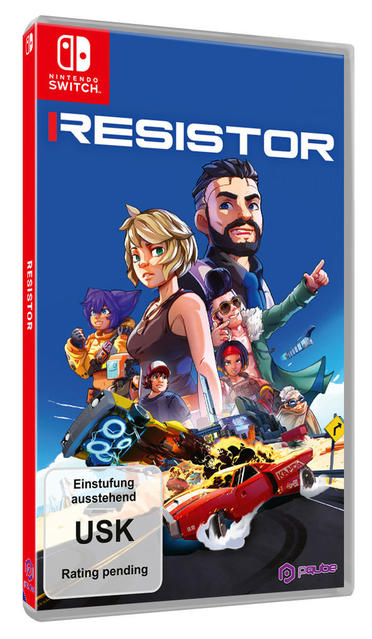 Nintendo Switch-Spielbox für 'RESISTOR', mit Charakteren, einem Auto und der USK-Einstufung ausstehend.
