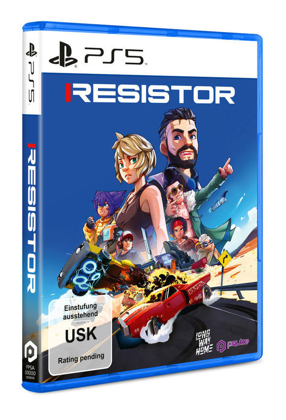 Spielcover für 'Resistor' auf PS5. Zeigt Charaktere, ein Auto und eine Wüstenstraße vor blauem Himmel.
